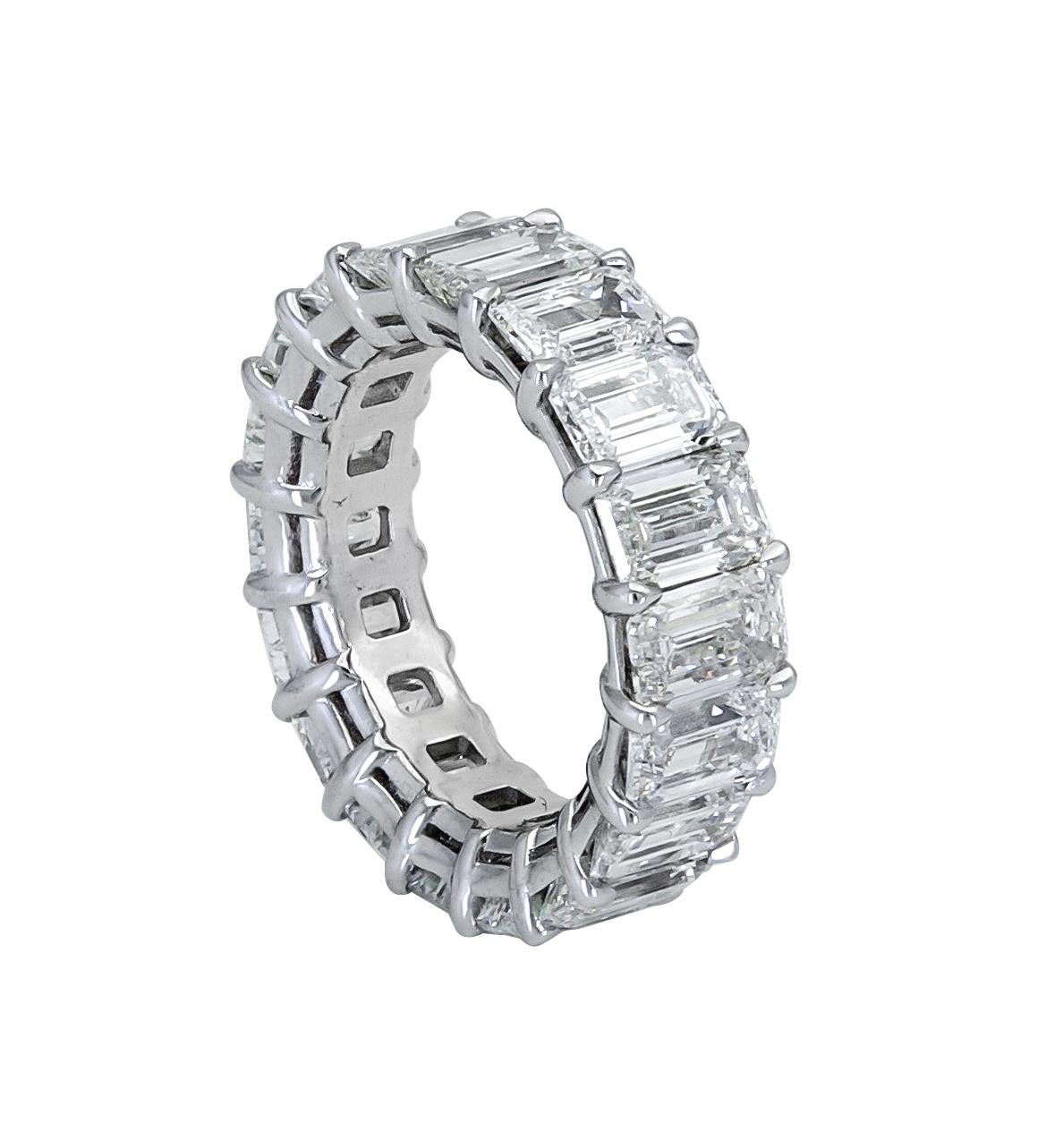 A timeless classic. Features a row of emerald cut diamonds set in an open-gallery eternity design made in platinum.
Diamonds weigh 9.95 carats total. Approximately G-H color, VS clarity.
Size 6.5 US.