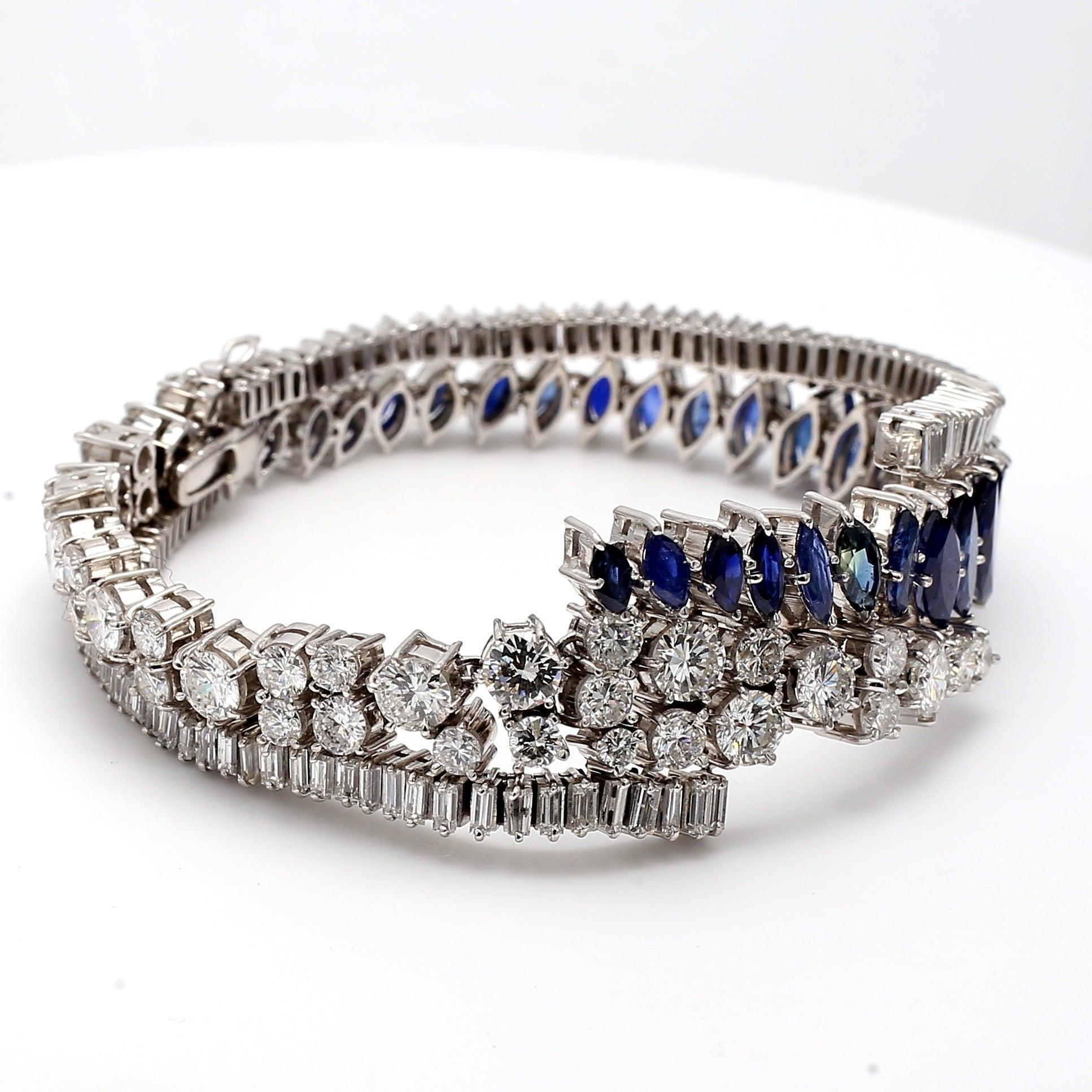Zafiro 9,95 quilates Baguette y diamante redondo 9,00 quilates Pulsera de platino Corte marquesa en venta