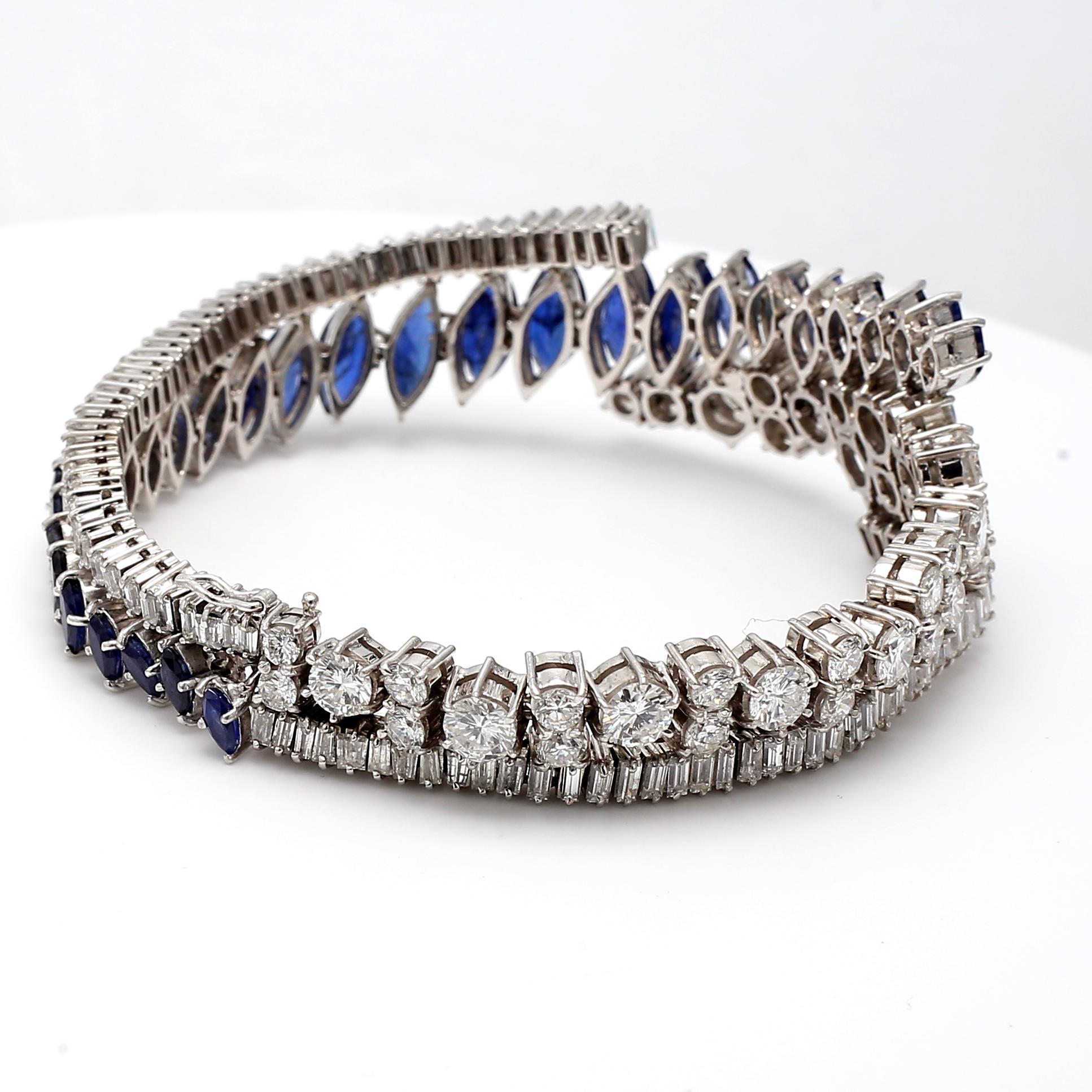 9.95 Carat Sapphire 9.00 Carat Baguette and Round Diamond Platinum Bracelet In Good Condition For Sale In New York, NY