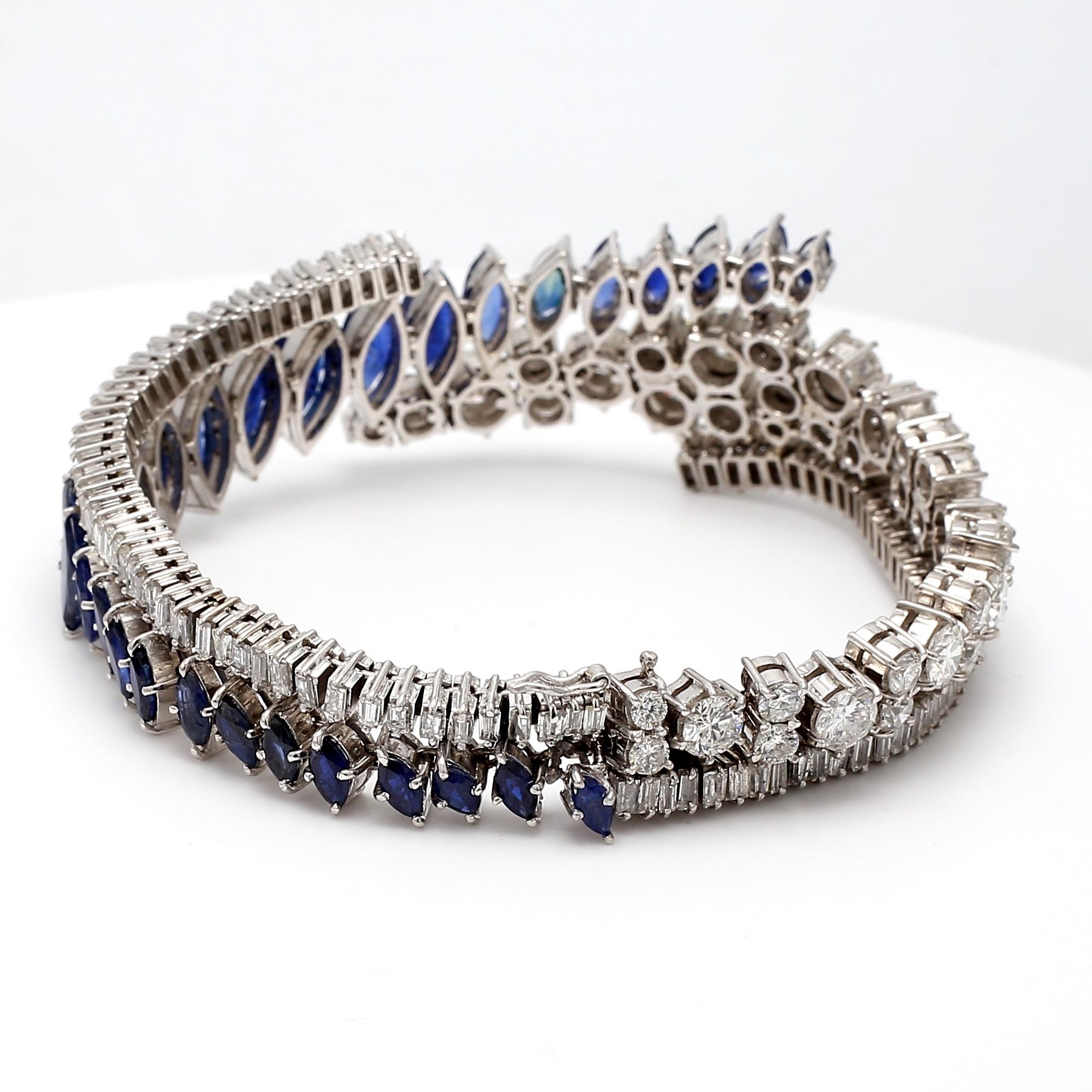 Women's 9.95 Carat Sapphire 9.00 Carat Baguette and Round Diamond Platinum Bracelet For Sale