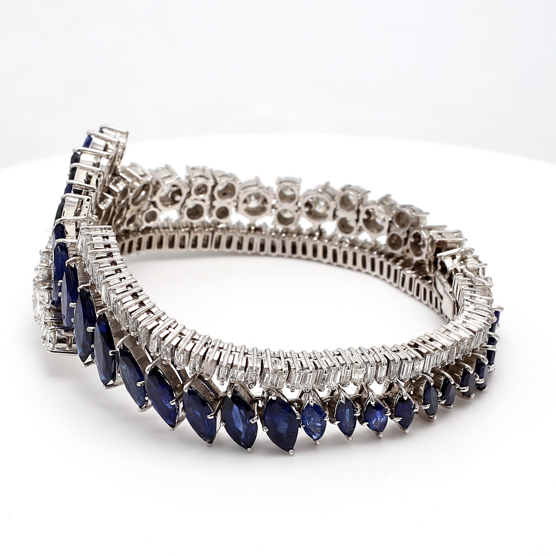 9.95 Carat Sapphire 9.00 Carat Baguette and Round Diamond Platinum Bracelet For Sale 1