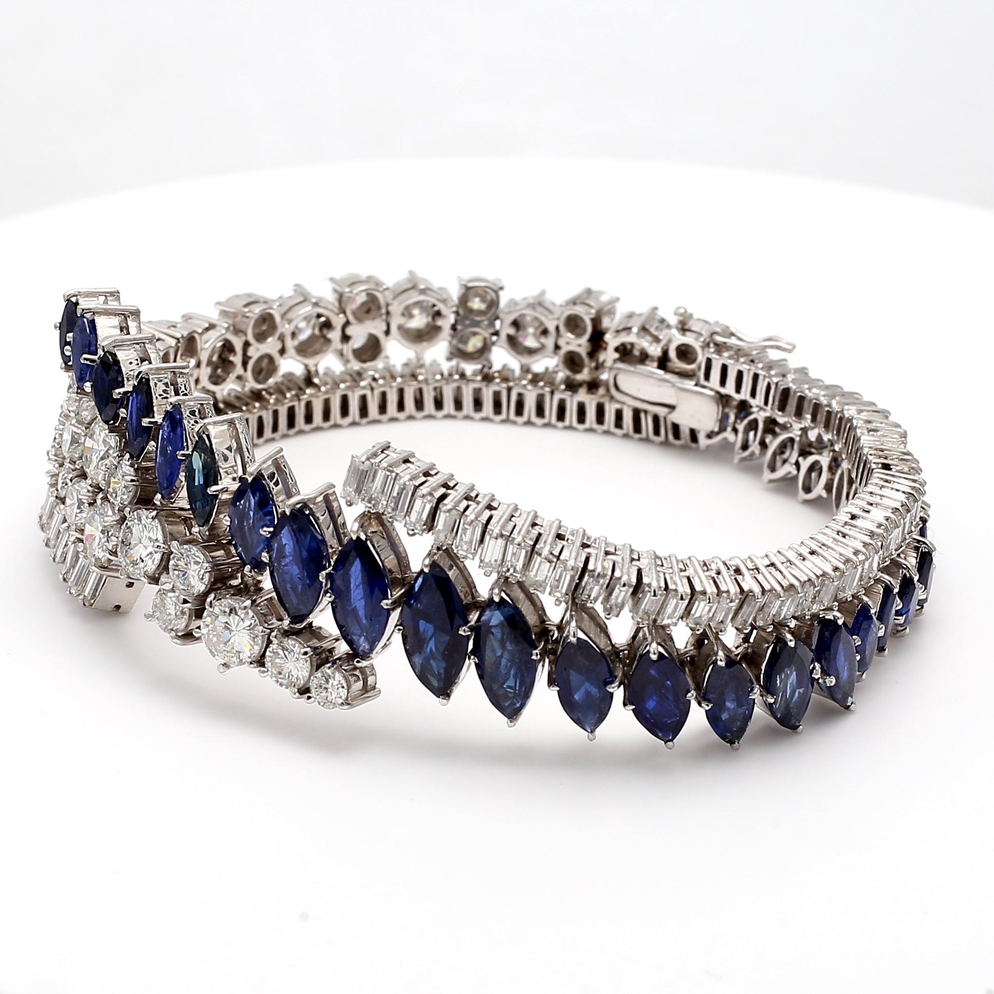 9.95 Carat Sapphire 9.00 Carat Baguette and Round Diamond Platinum Bracelet For Sale 2