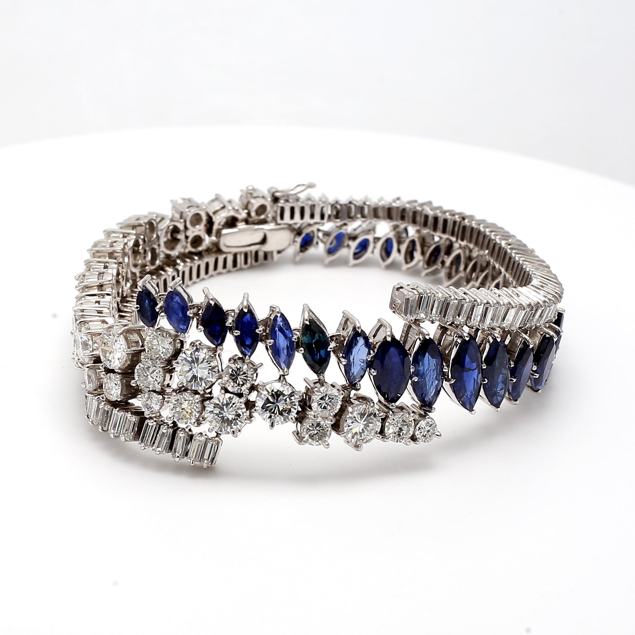 9.95 Carat Sapphire 9.00 Carat Baguette and Round Diamond Platinum Bracelet For Sale 3