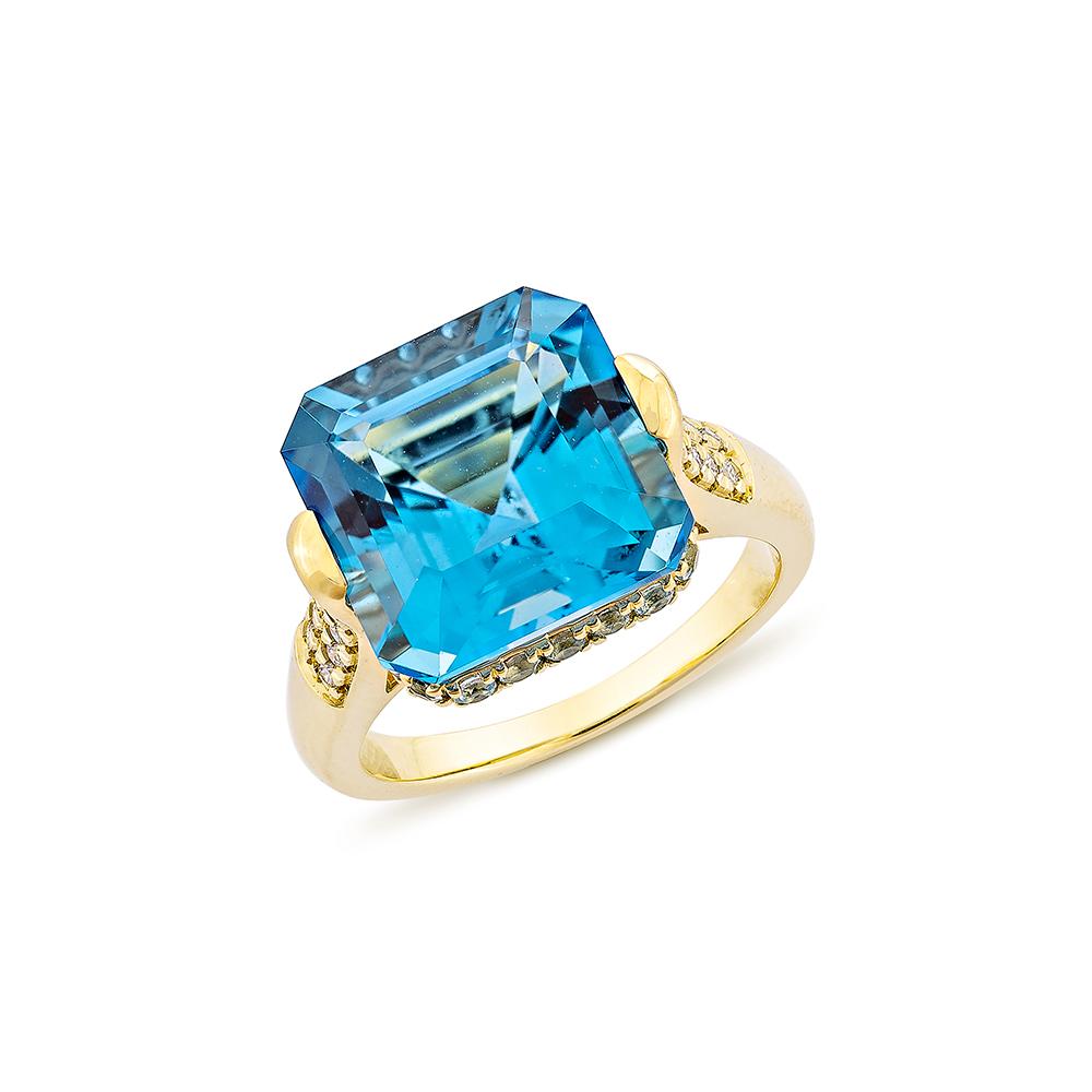 Contemporary 9.95 Carat Swiss Blue Topaz Fancy Ring in 18KYG with White Diamond. For Sale