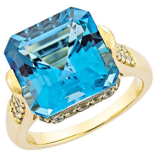 9.95 Carat Swiss Blue Topaz Fancy Ring in 18KYG with White Diamond. For Sale