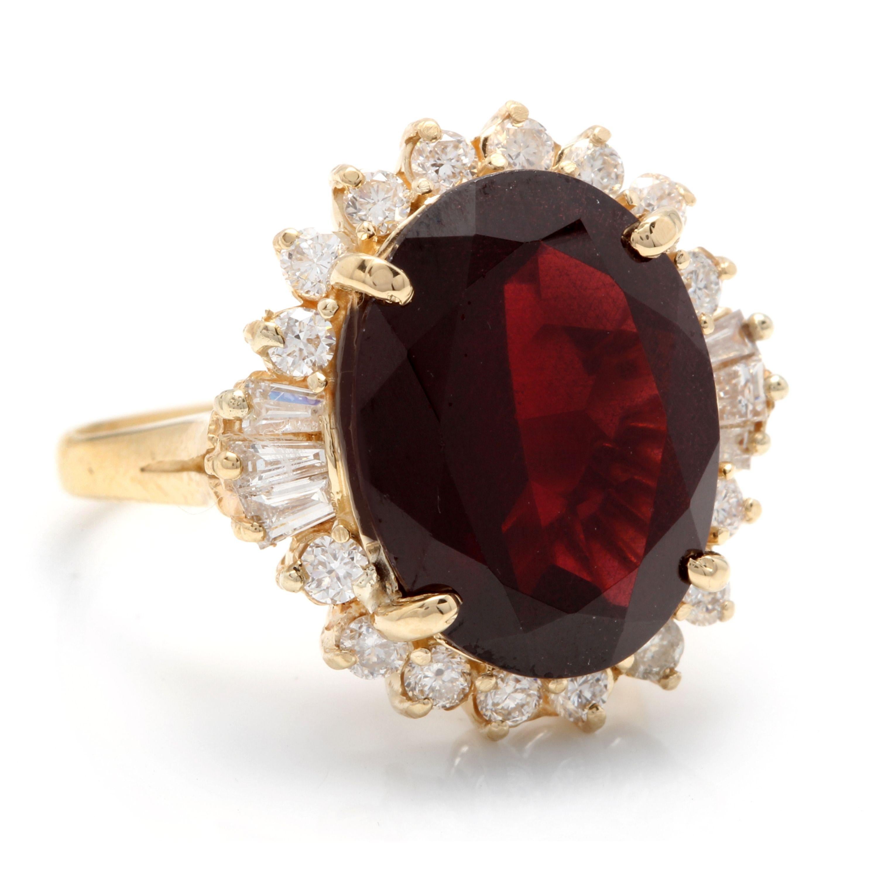 9.95 Carats Impressive Red Garnet and Natural Diamond 14K Yellow Gold Ring

Total Natural Oval Red Garnet Weight is: Approx. 9.00 Carats

Garnet Measures: Approx. 16.00 x 12.00mm

Natural Round & Baguette Diamonds Weight: Approx. 0.95d Carats (color
