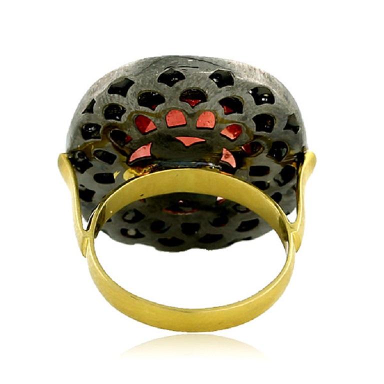 Art Nouveau 9.95 ct Red Tourmaline Cocktail Ring w/ Pave Diamonds Made In 18k Gold & Silver For Sale