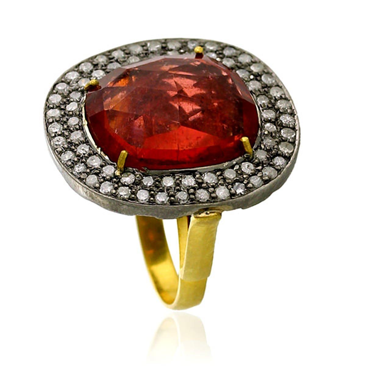 Mixed Cut 9.95 ct Red Tourmaline Cocktail Ring w/ Pave Diamonds Made In 18k Gold & Silver For Sale
