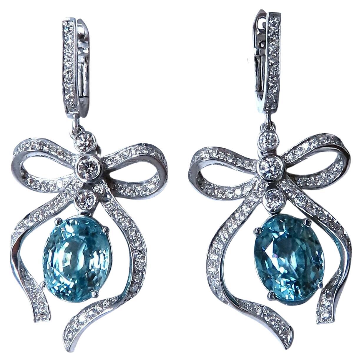 9.95ct Natural Blue Zircon and Diamonds Dangle Earrings 14kt Ribbon Love