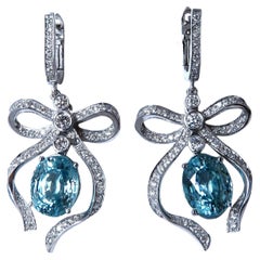 9.95ct Natural Blue Zircon and Diamonds Dangle Earrings 14kt Ribbon Love