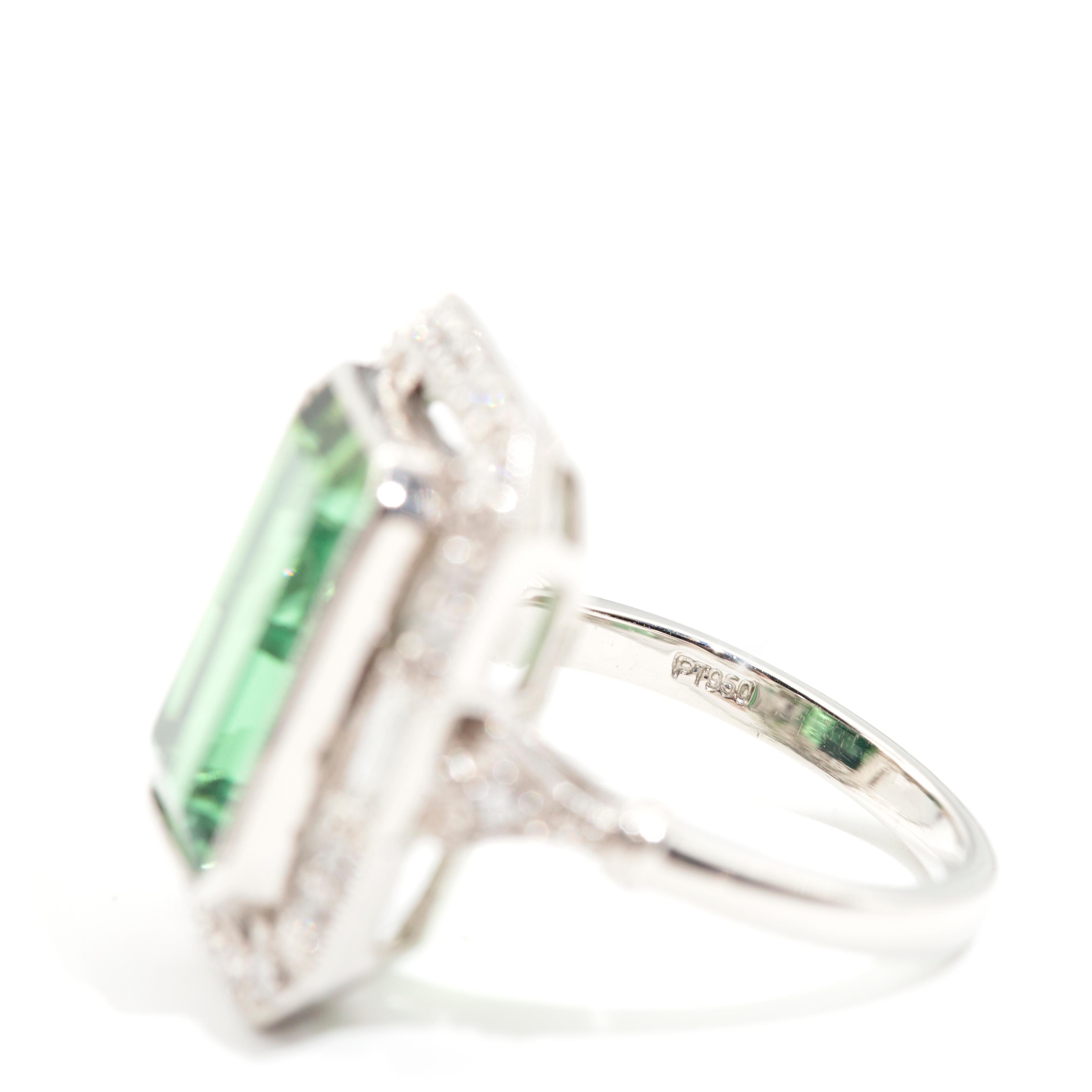 9.96 Carat Green Emerald Cut Tourmaline and Diamond Platinum Cocktail Ring 6