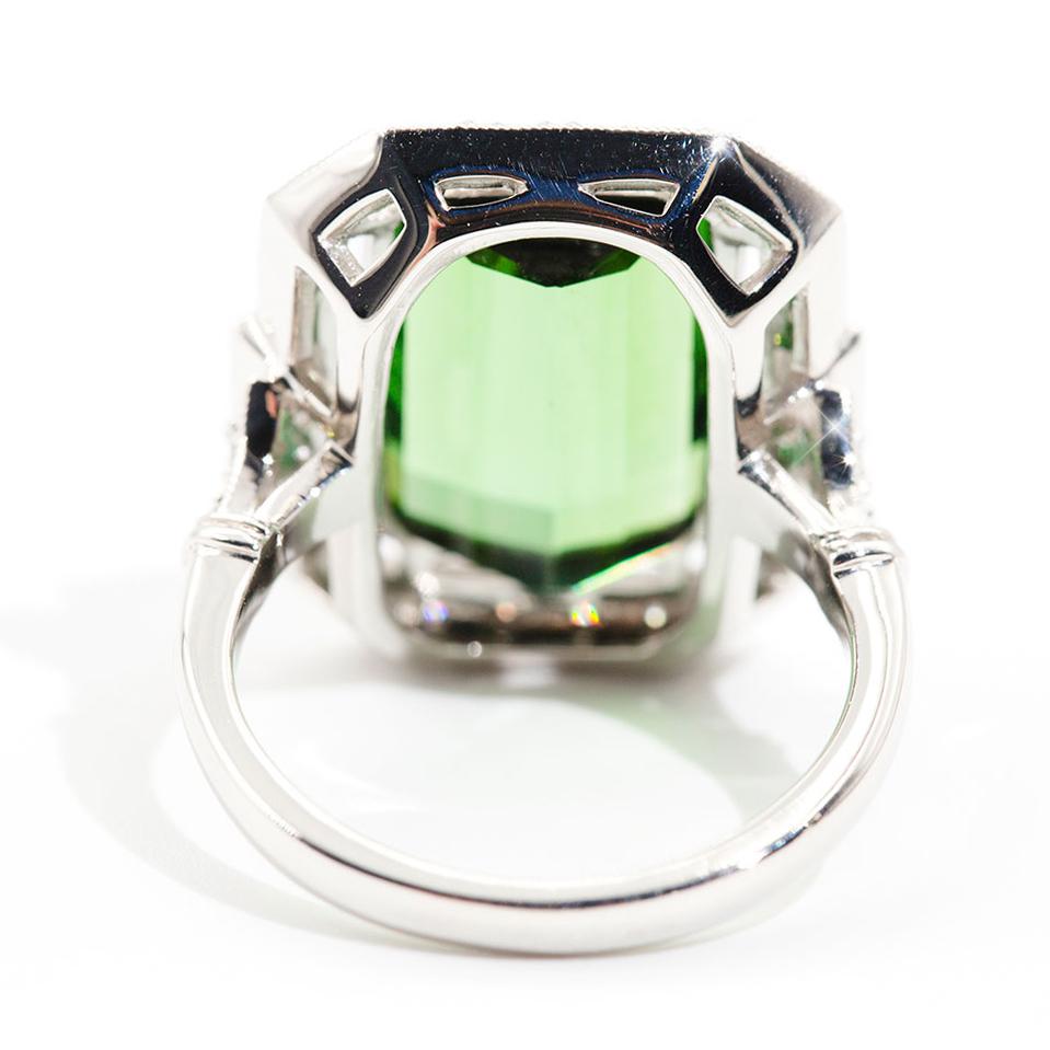 9.96 Carat Green Emerald Cut Tourmaline and Diamond Platinum Cocktail Ring In New Condition In Hamilton, AU