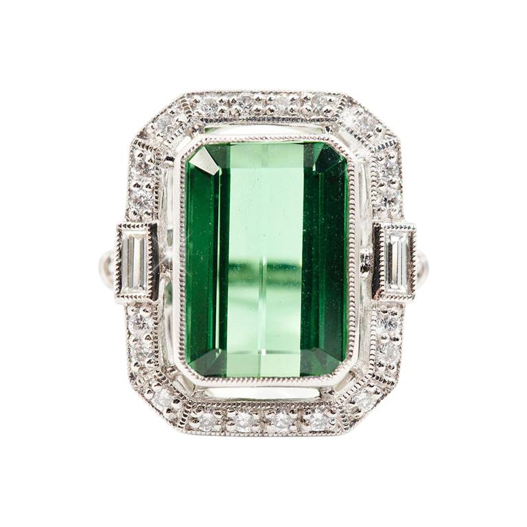 TIFFANY and CO Legacy Diamond and Green Tourmaline Platinum Ring at