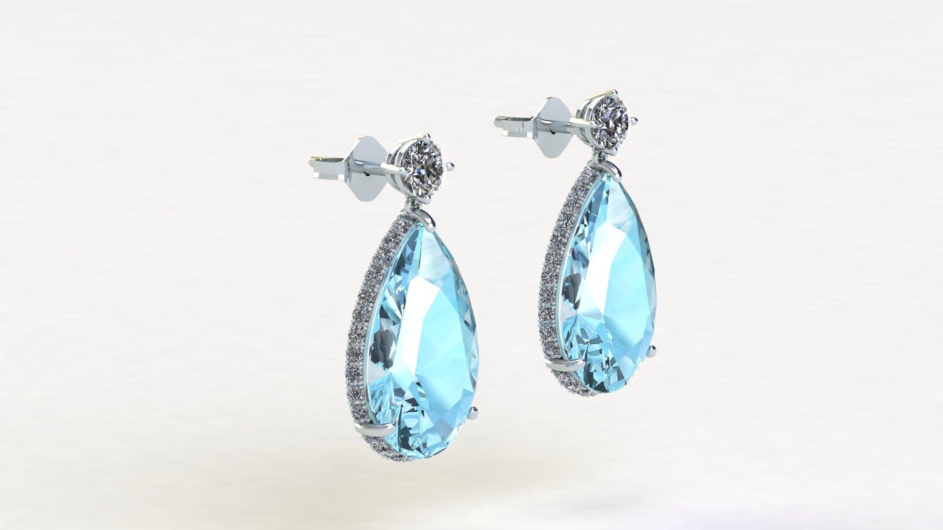 9.96 carats Pear Shape Aquamarine and Diamonds for an approximate total carat weight of 1.00ct of G color, VS clarity, set in Platinum 950 drop dangling earrings
The diamond's halo is designed to be seen from the front and side view of the earrings,