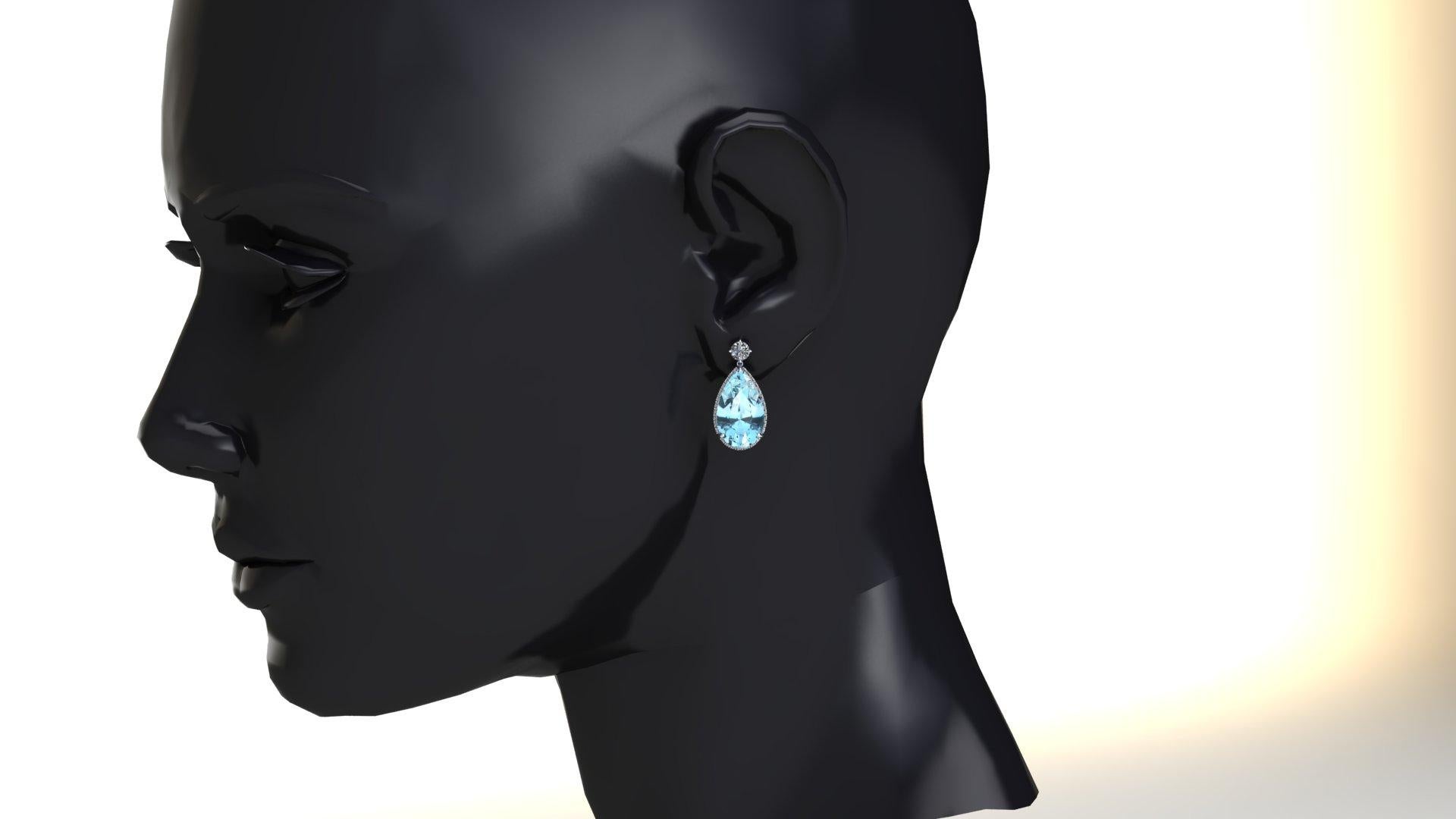 9,96 Karat birnenförmiger Aquamarin und Diamanten Platin Tropfen-Ohrringe mit baumelnden Ohrringen (Tropfenschliff) im Angebot