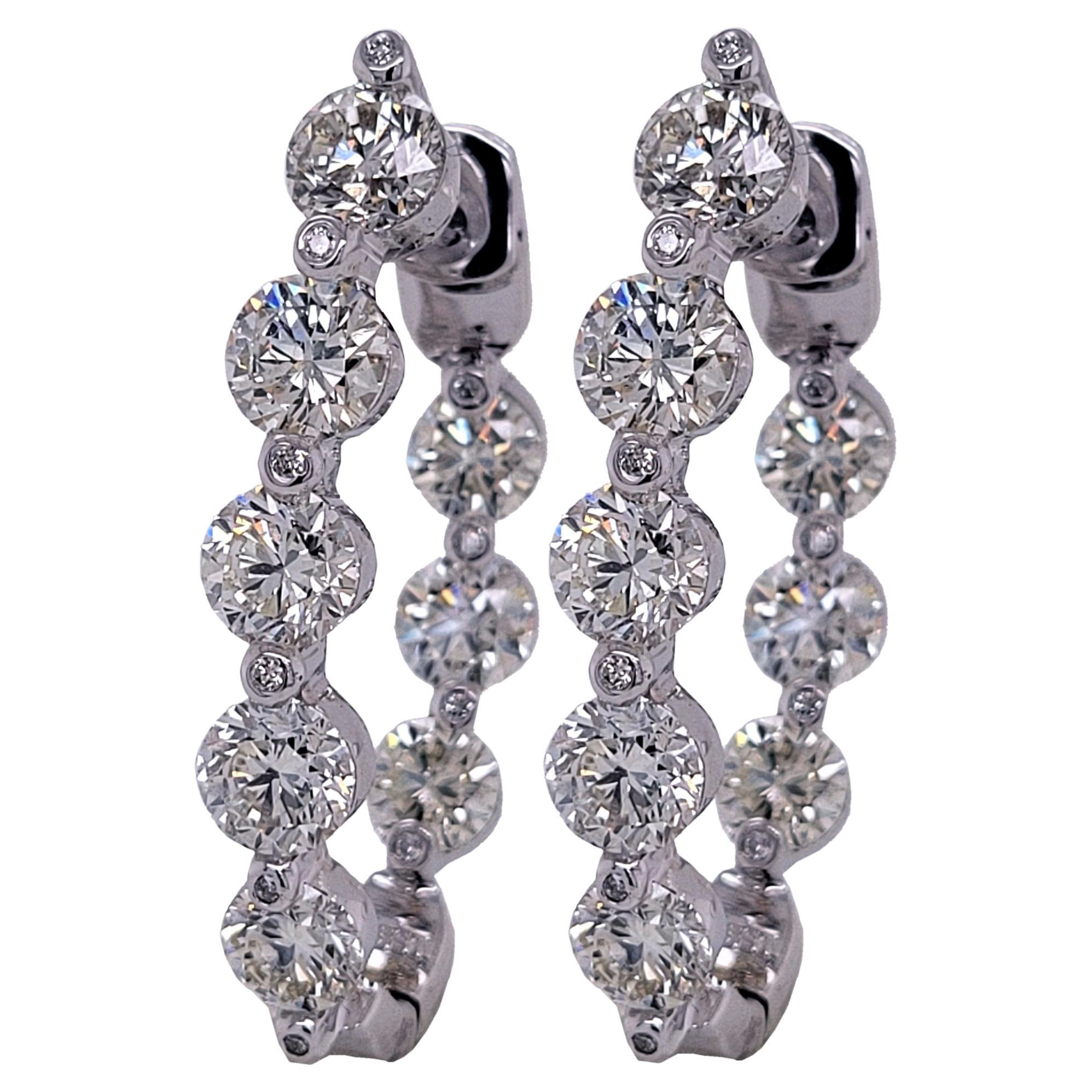 4.22 Carat Diamond Single Shared Prong Hoop Earrings at 1stDibs