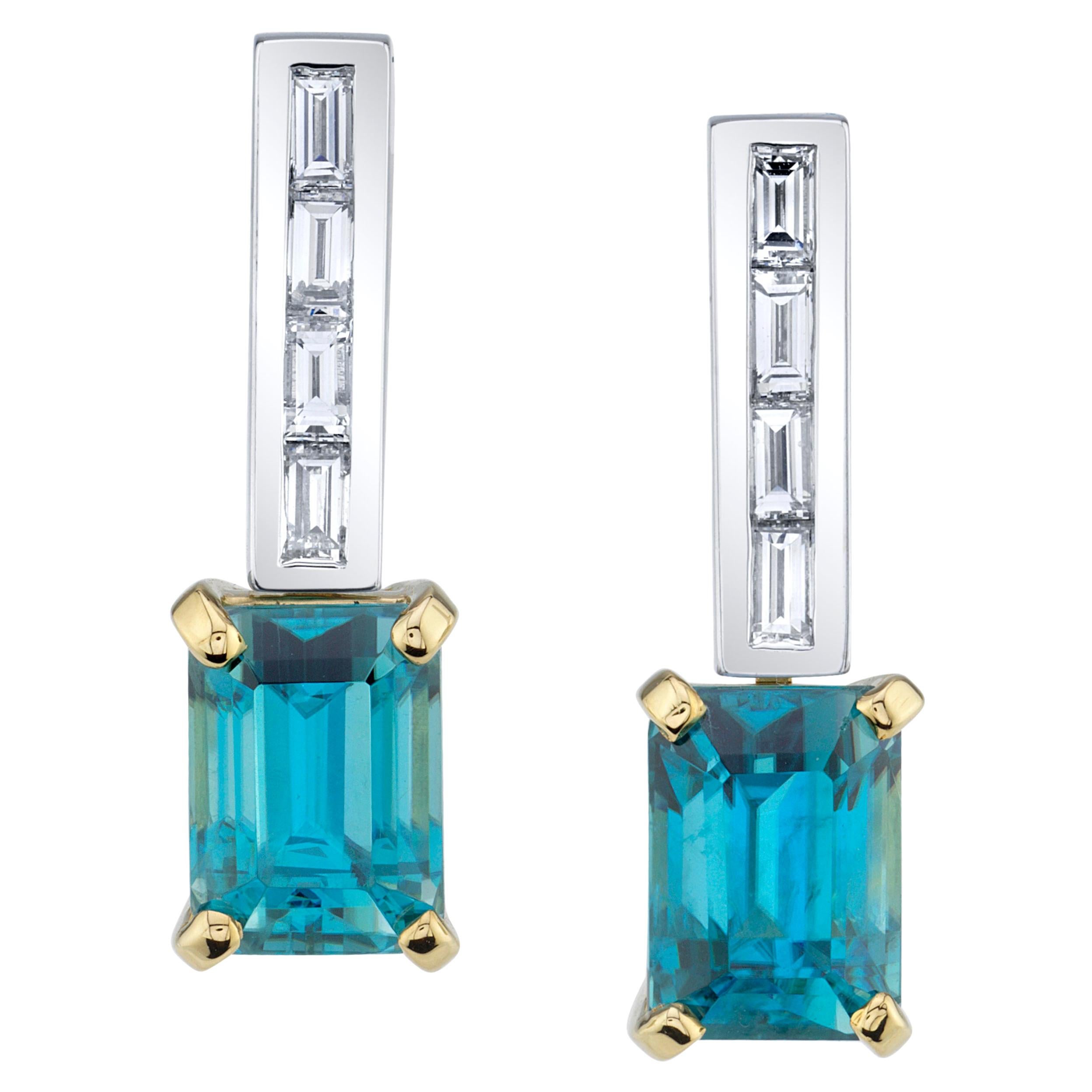 Blue Zircon and Diamond Drop Earrings in 18k White Gold, 9.97 Carats Total