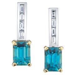 9.97 ct. t.w. Blue Zircon Rectangle, Diamond 18k White Gold Post Drop Earrings