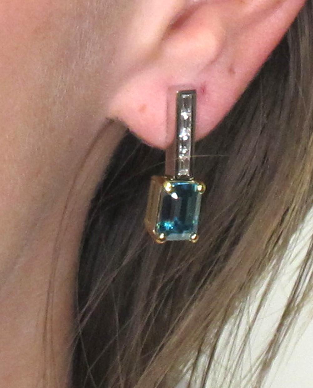 Blue Zircon and Diamond Drop Earrings in 18k White Gold, 9.97 Carats Total For Sale 5