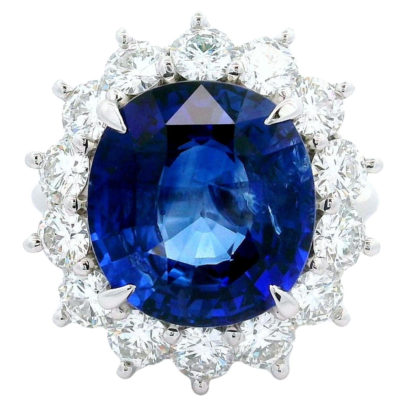 9.97 Carat Ceylon Sapphire Diamond Halo Platinum Ring, GIA Certified