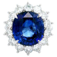 9.97 Carat Ceylon Sapphire Diamond Halo Platinum Ring, GIA Certified