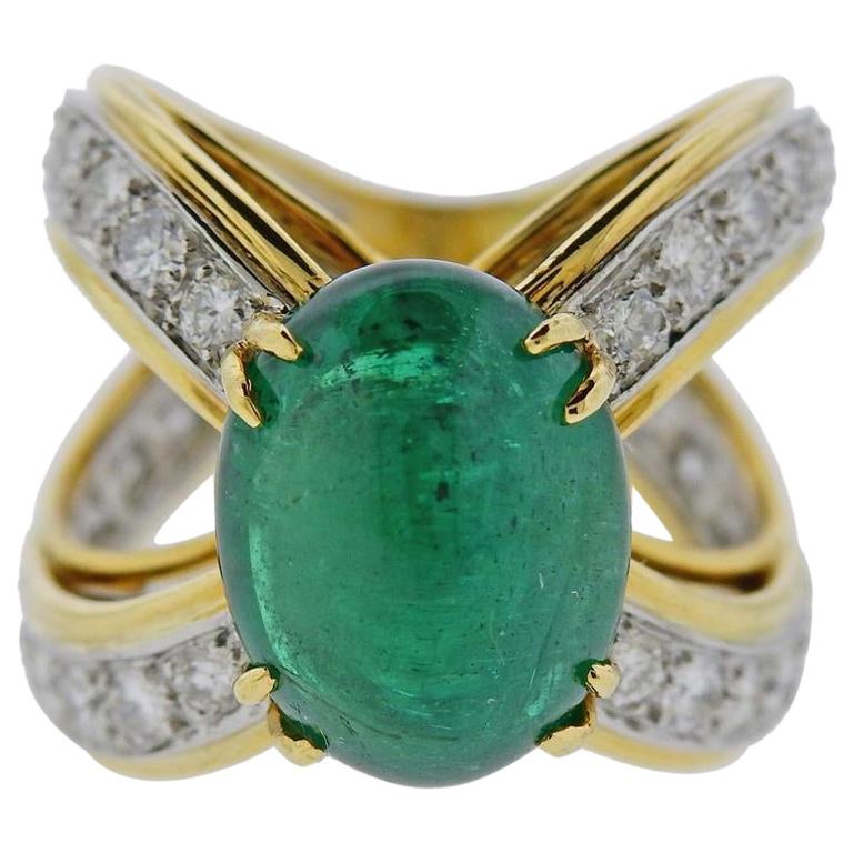9.97 Carat Emerald Cabochon Diamond Gold Ring For Sale