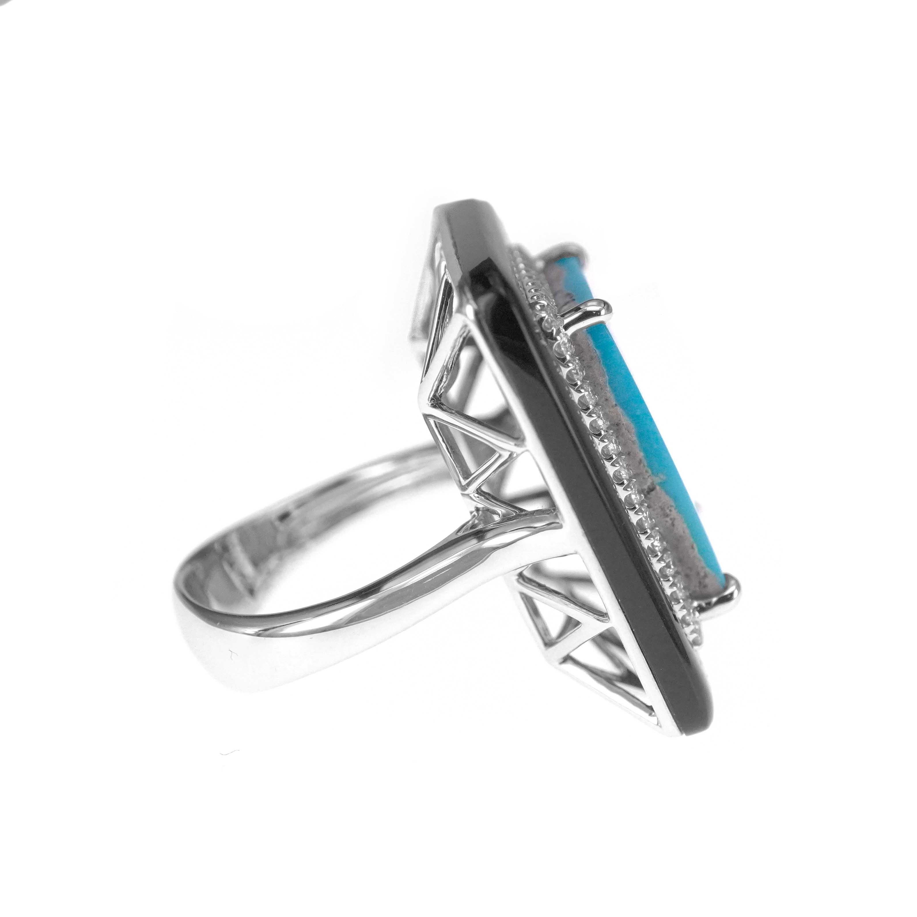 9.97 Carat Turquoise 6.30 Carat Onyx Diamond Cocktail Lucky Ring In New Condition In Hung Hom, HK