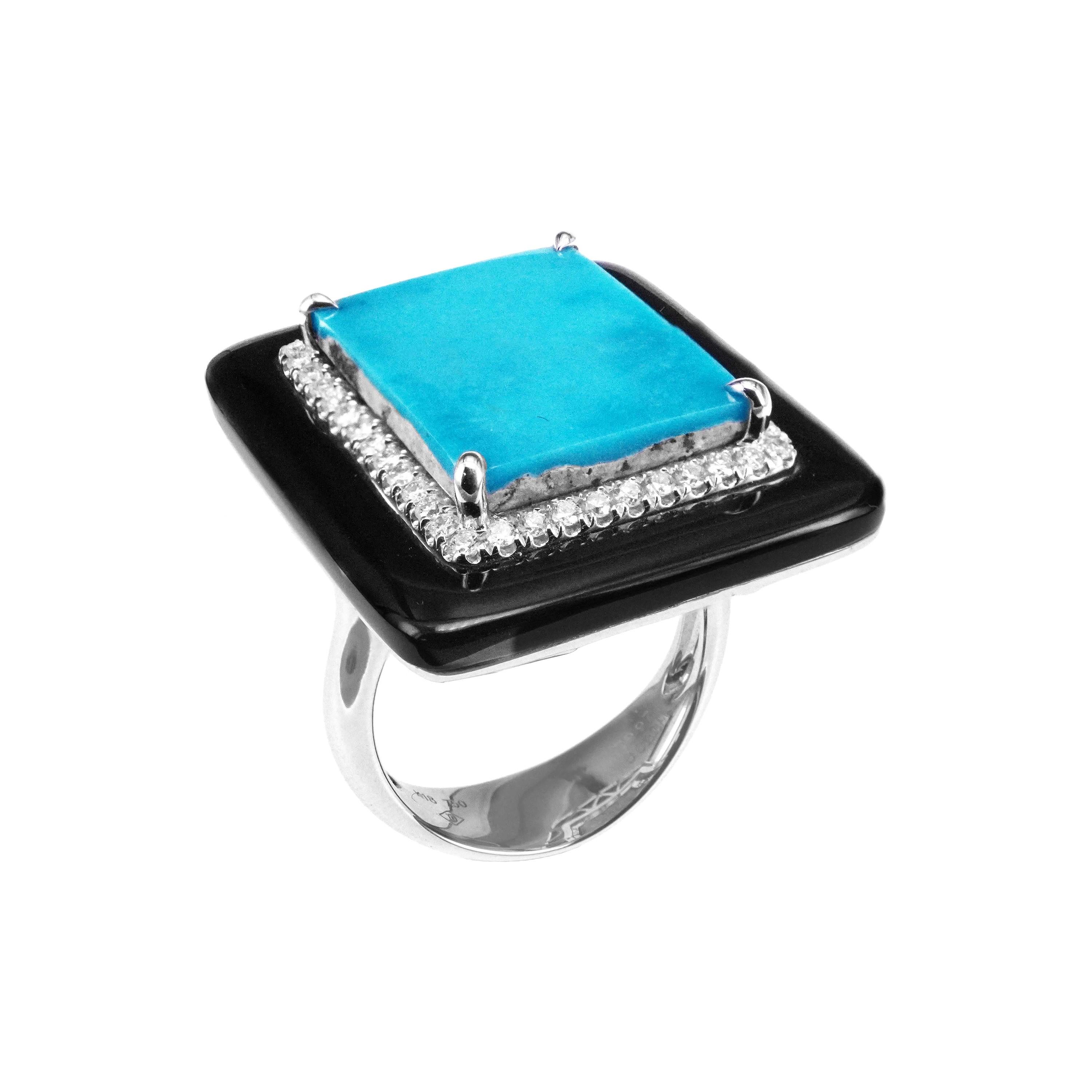 9.97 Carat Turquoise 6.30 Carat Onyx Diamond Cocktail Lucky Ring For Sale