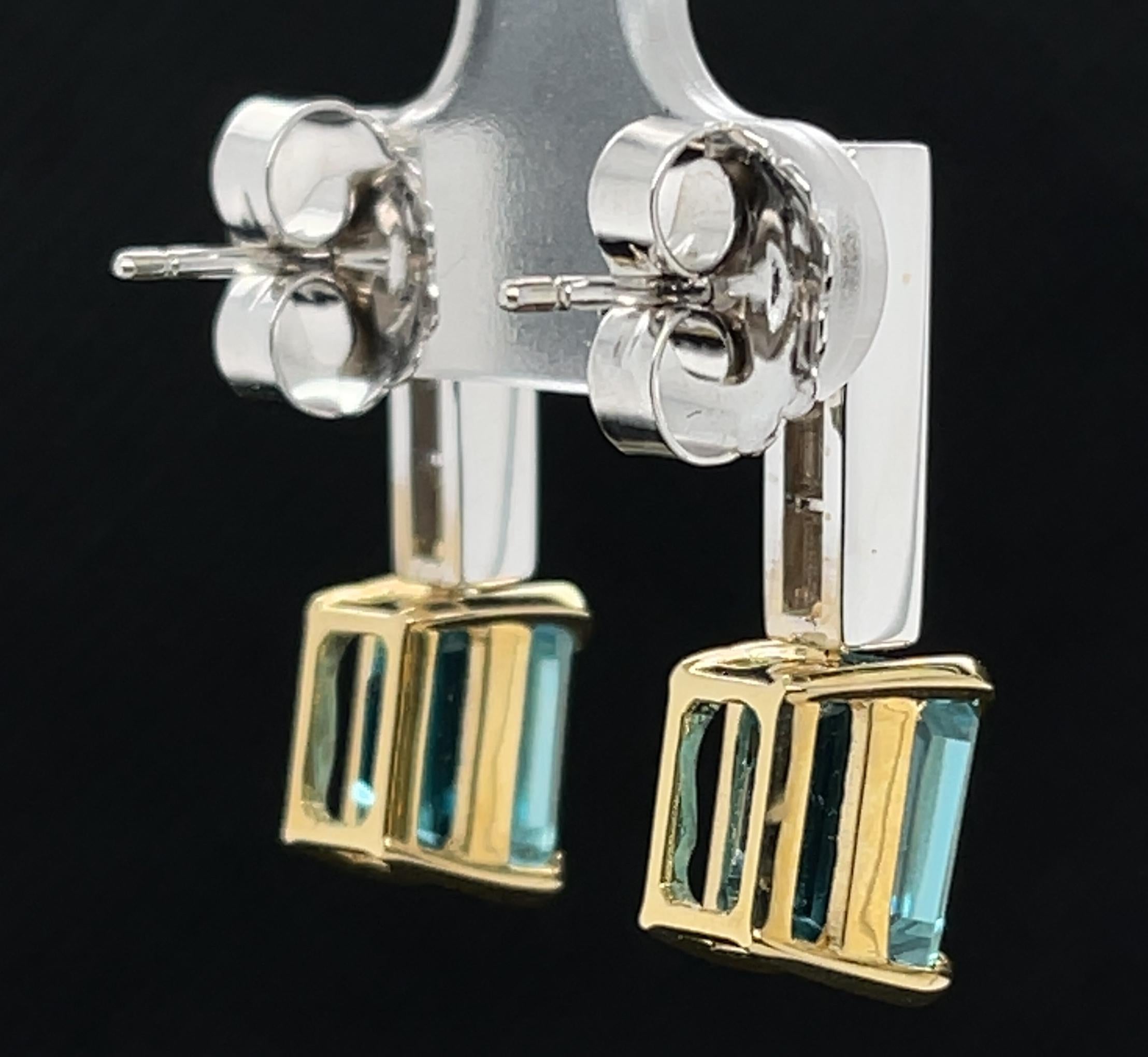 Emerald Cut Blue Zircon and Diamond Drop Earrings in 18k White Gold, 9.97 Carats Total For Sale