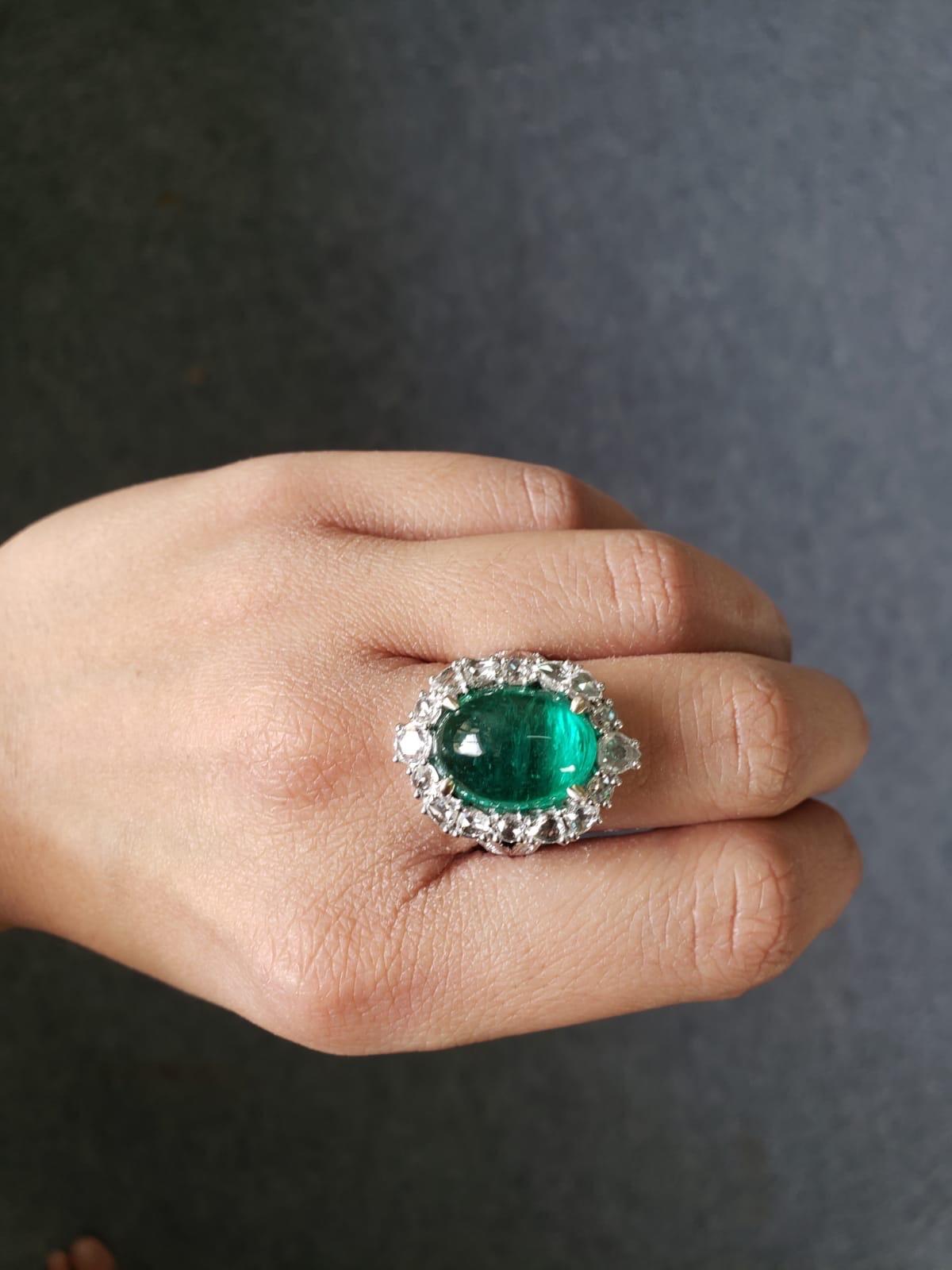 Modern 9.98 Carat Emerald Cabochon and Diamond Cocktail Engagement Ring For Sale