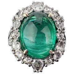 9.98 Carat Emerald Cabochon and Diamond Cocktail Engagement Ring