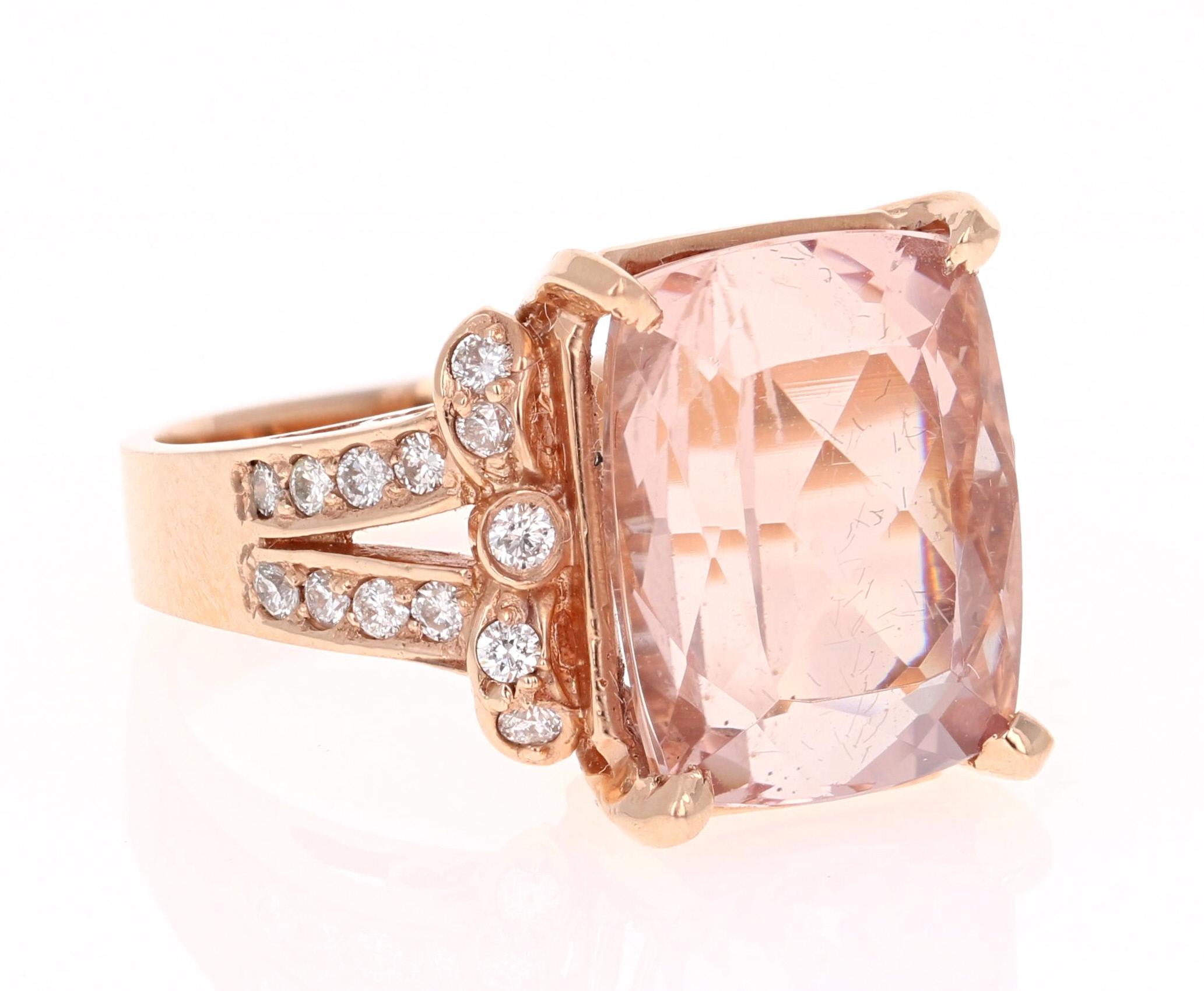 A Total Statement Piece!! This gorgeous, classy and large Morganite Ring has a 9.59 Carat Cushion Cut Morganite as its center and has 26 Round Cut Diamonds that weigh 0.59 carats. The clarity and color of the diamonds are SI-F. The total carat