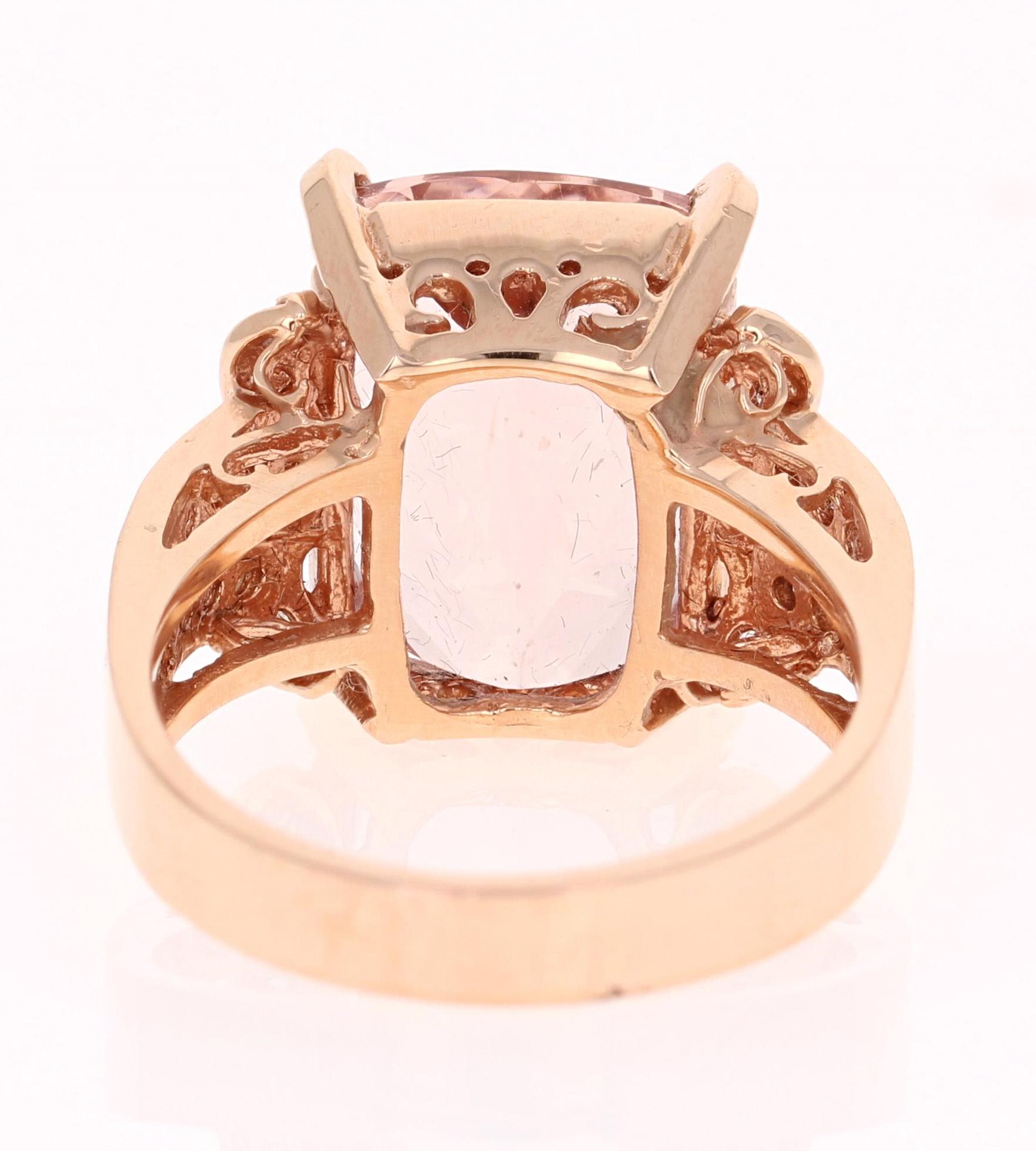 Modern 9.98 Carat Cushion Cut Morganite Diamond 14K Rose Gold Cocktail Ring