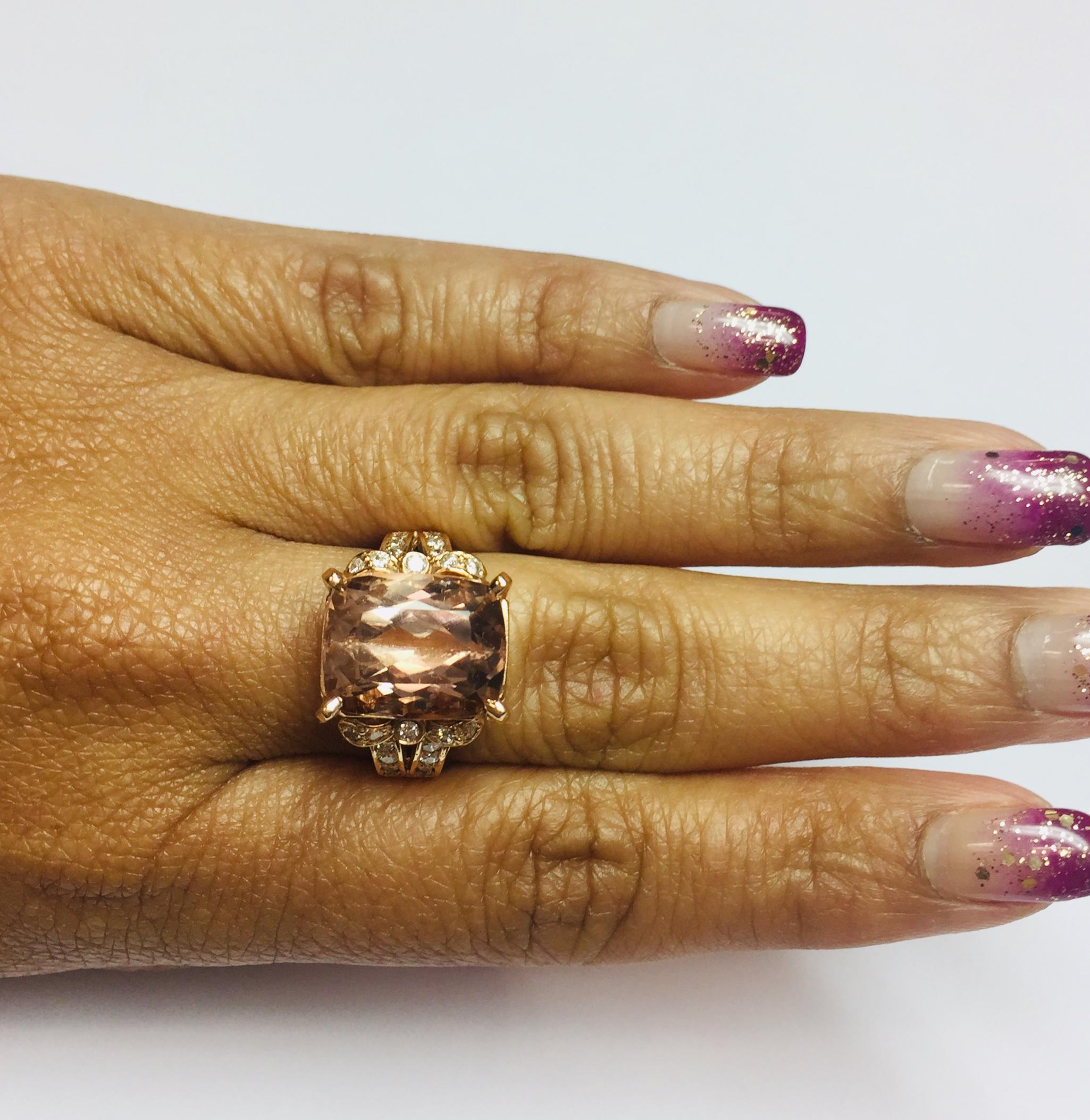 9.98 Carat Cushion Cut Morganite Diamond 14K Rose Gold Cocktail Ring In New Condition In Los Angeles, CA