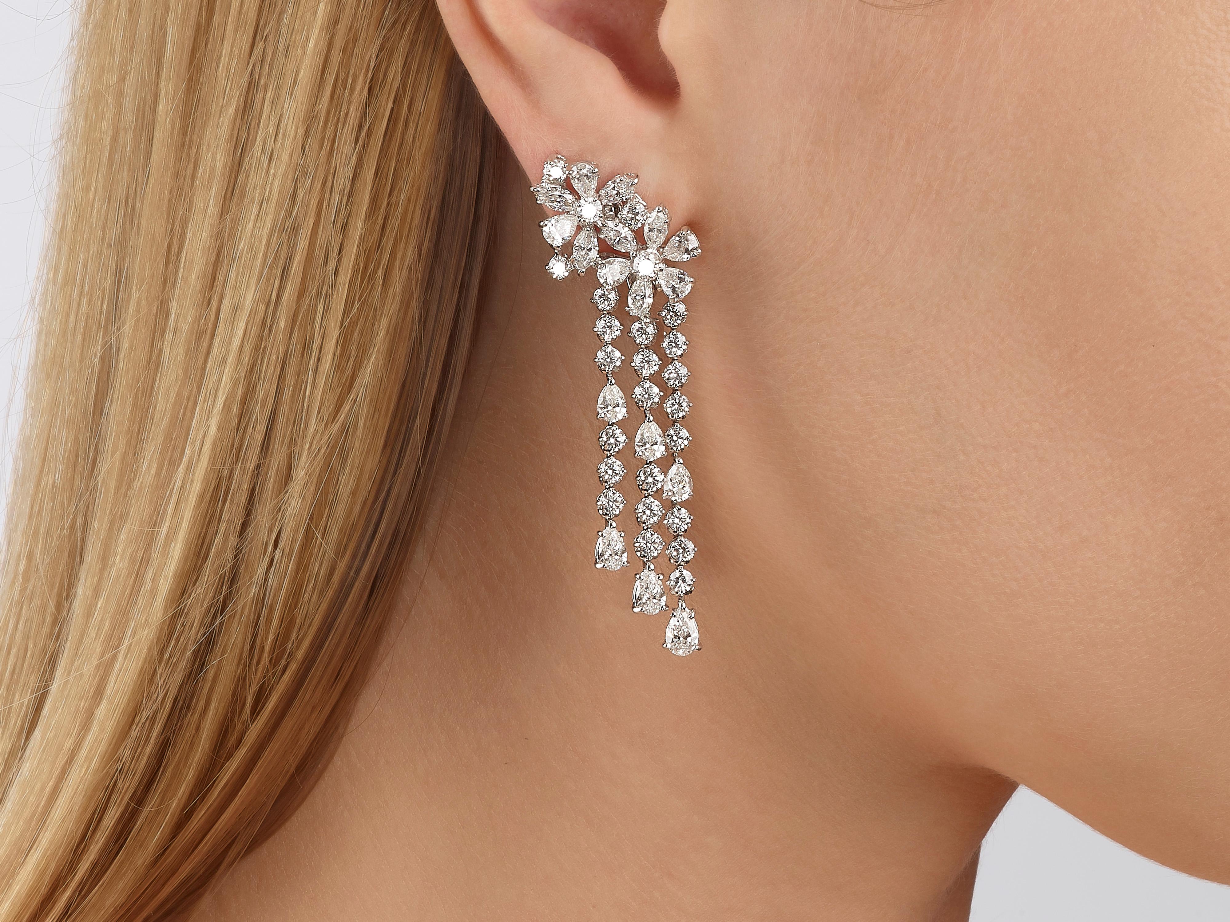 Pear Cut 9.98 Carat Multi-Shape Diamond 18 Karat White Gold Chandelier Earrings