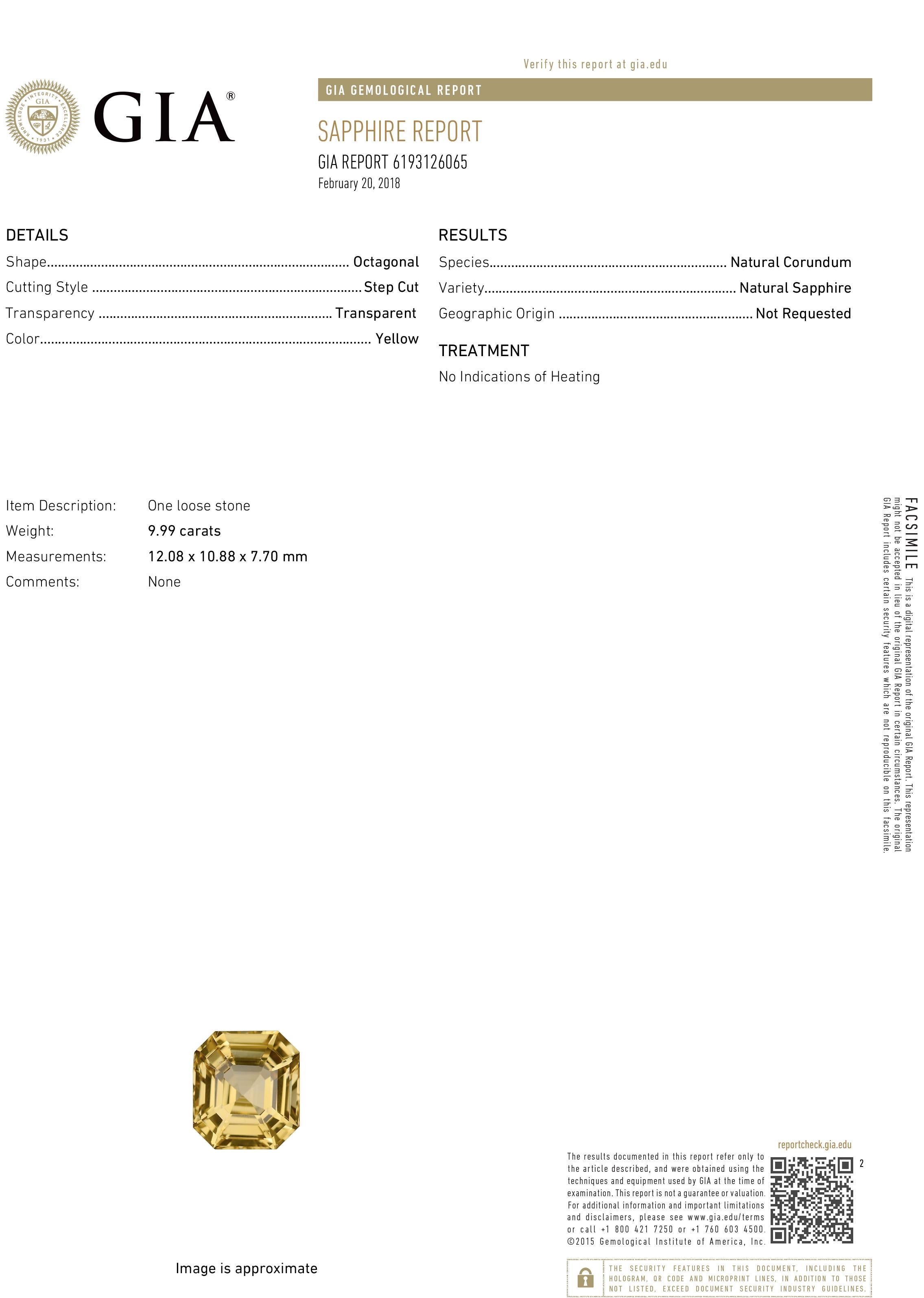 9.99 Carat no heat yellow sapphire square emerald (GIA report) cut set in yellow gold and 0.84 carat total weight in step cut trapezoid side diamonds set in a platinum ring. Ring size 7,  may be sized larger or smaller upon request. This spectacular