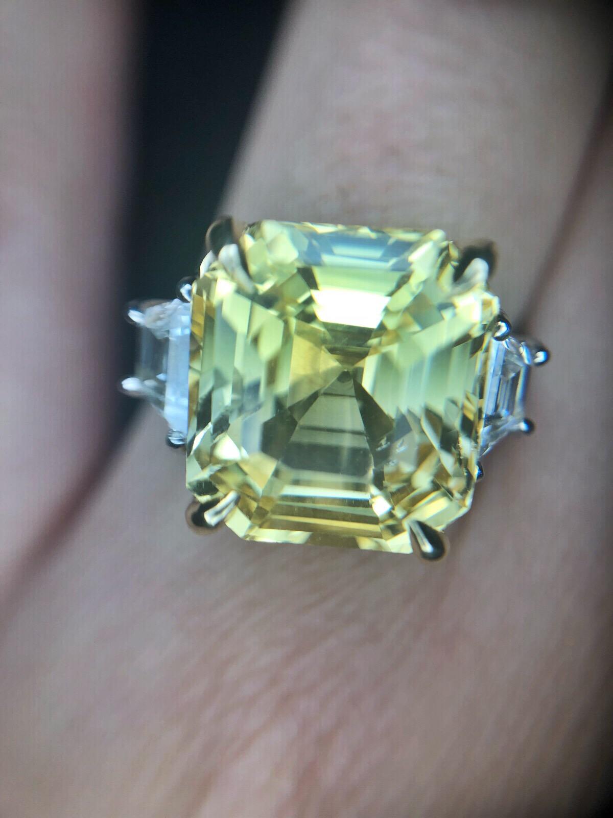 Emerald Cut 9.99 Carat No Heat Yellow Sapphire Asscher Cut Ring, (GIA), with Side Diamonds