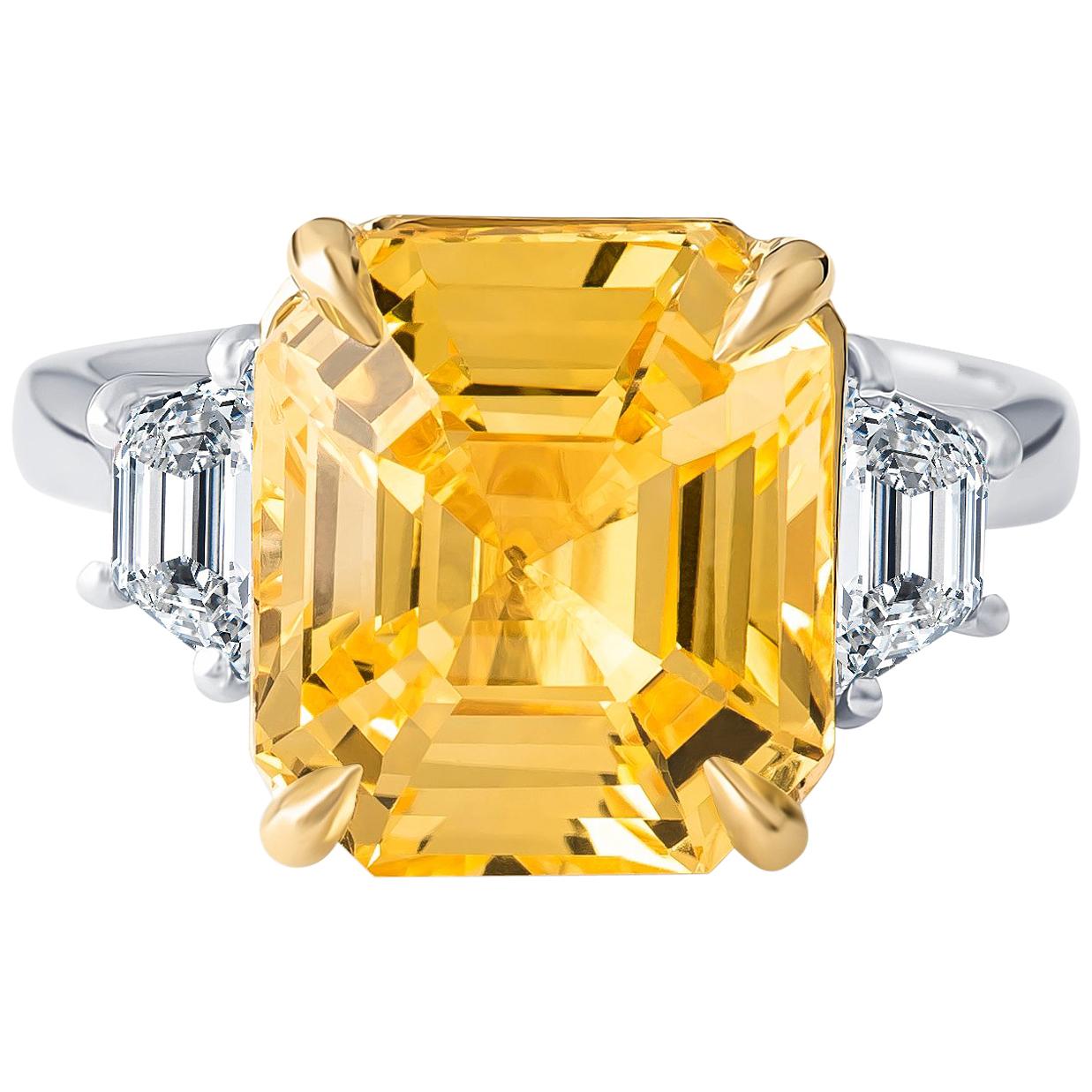 9.99 Carat No Heat Yellow Sapphire Asscher Cut Ring, (GIA), with Side Diamonds