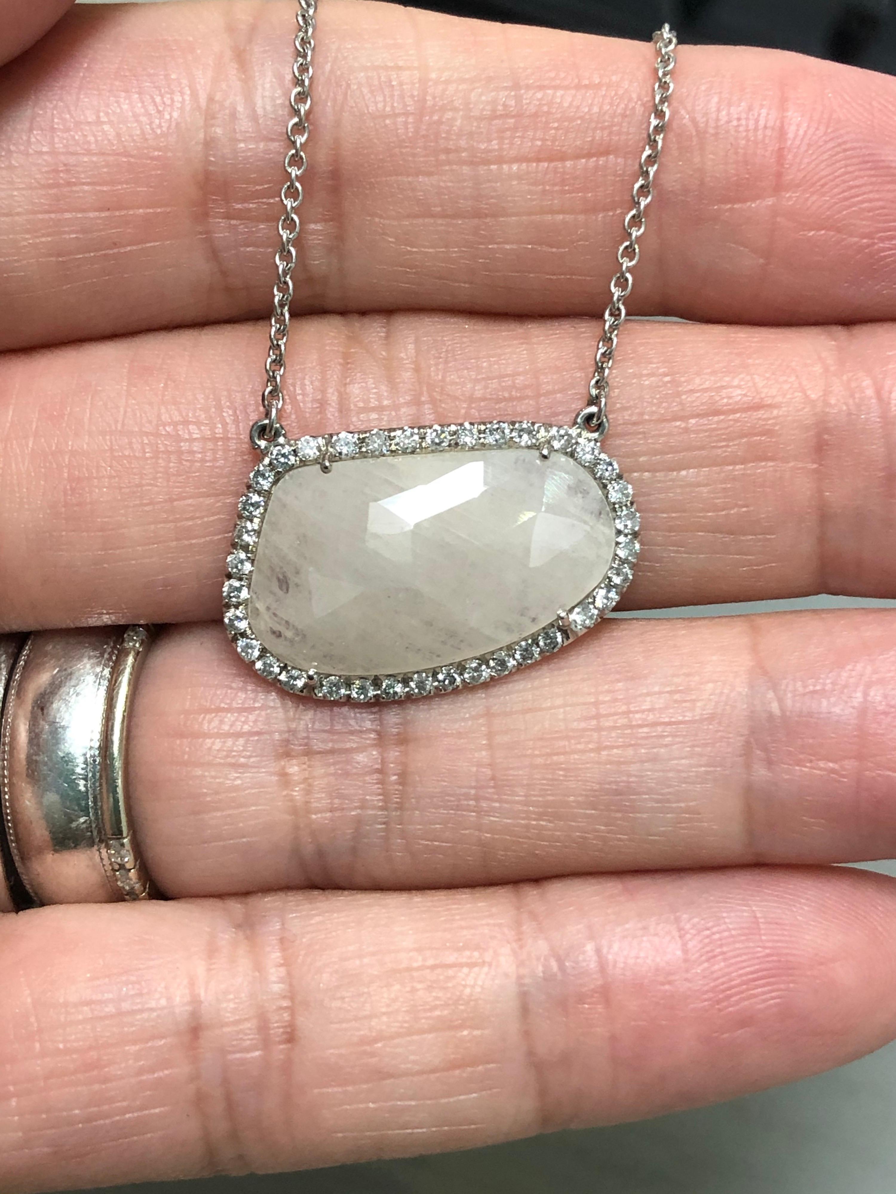 Women's 9.99 Carat White Sapphire Slice with Diamond Halo Pendant  Necklace 18 karat 