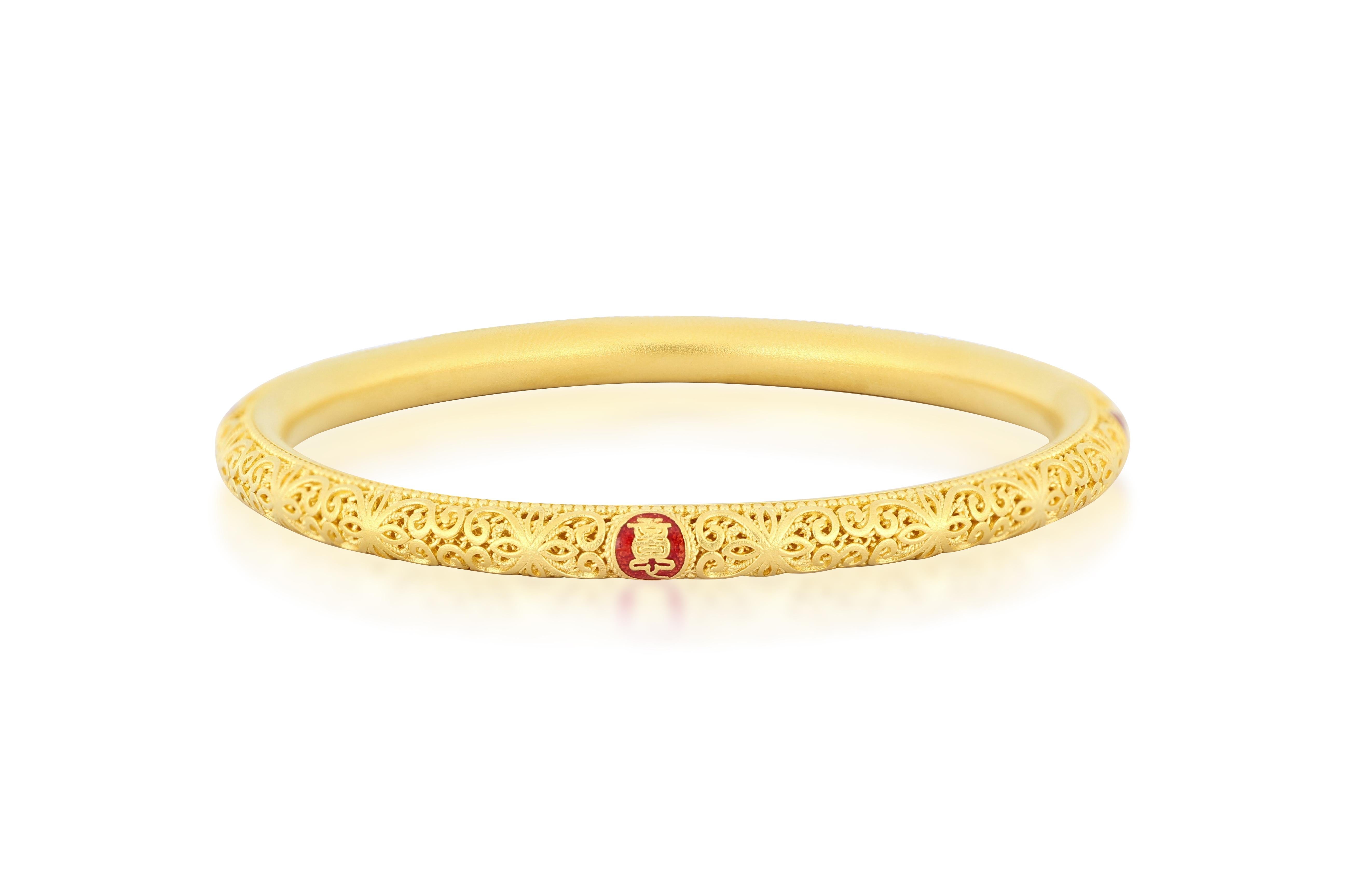99.9% Pure gold bangle with Filigree Inlay Art In New Condition For Sale In Macau, MO