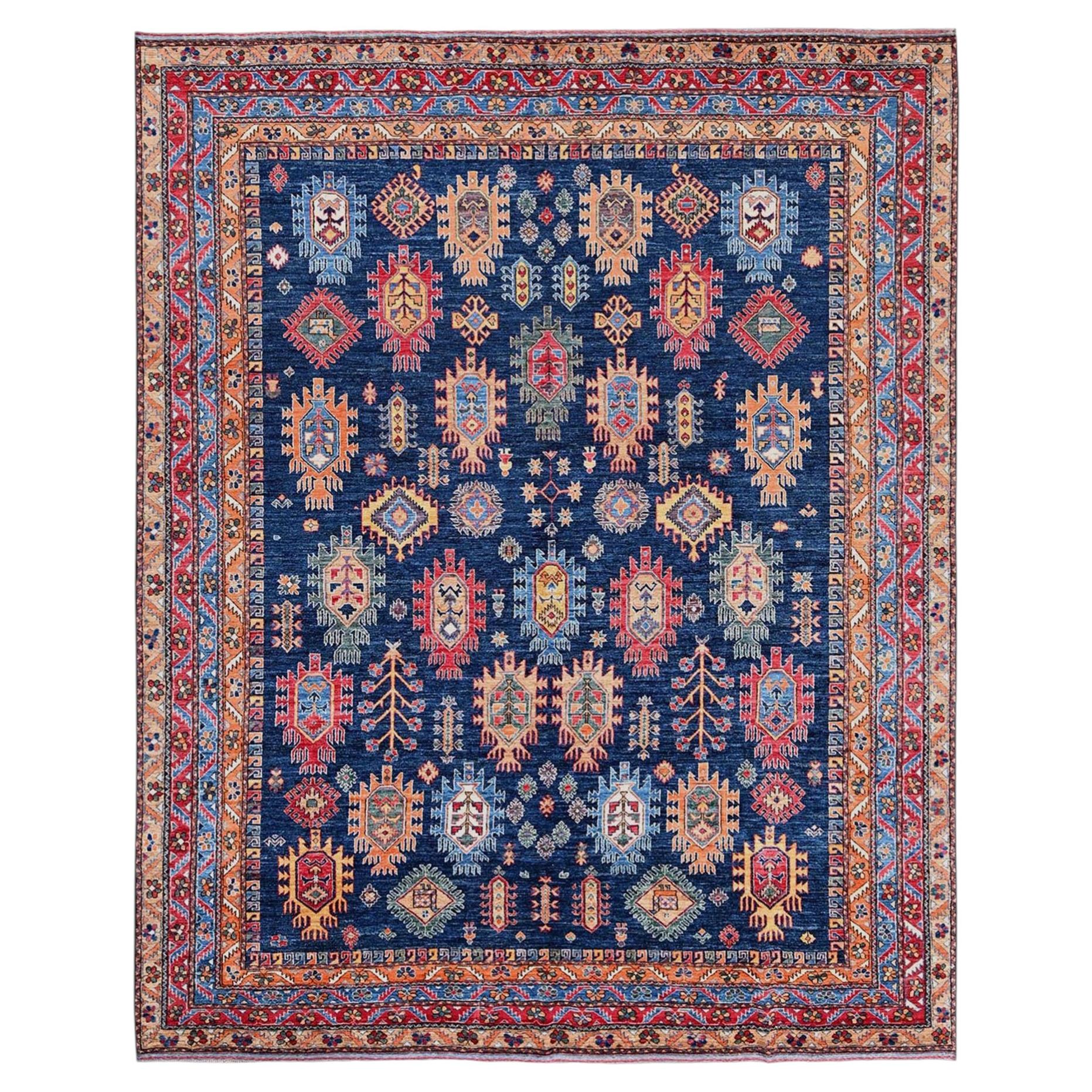9'9"x12' Blue Afghan Ersari Turkish Knot Caucasian Motif Hand Knotted Wool Rug