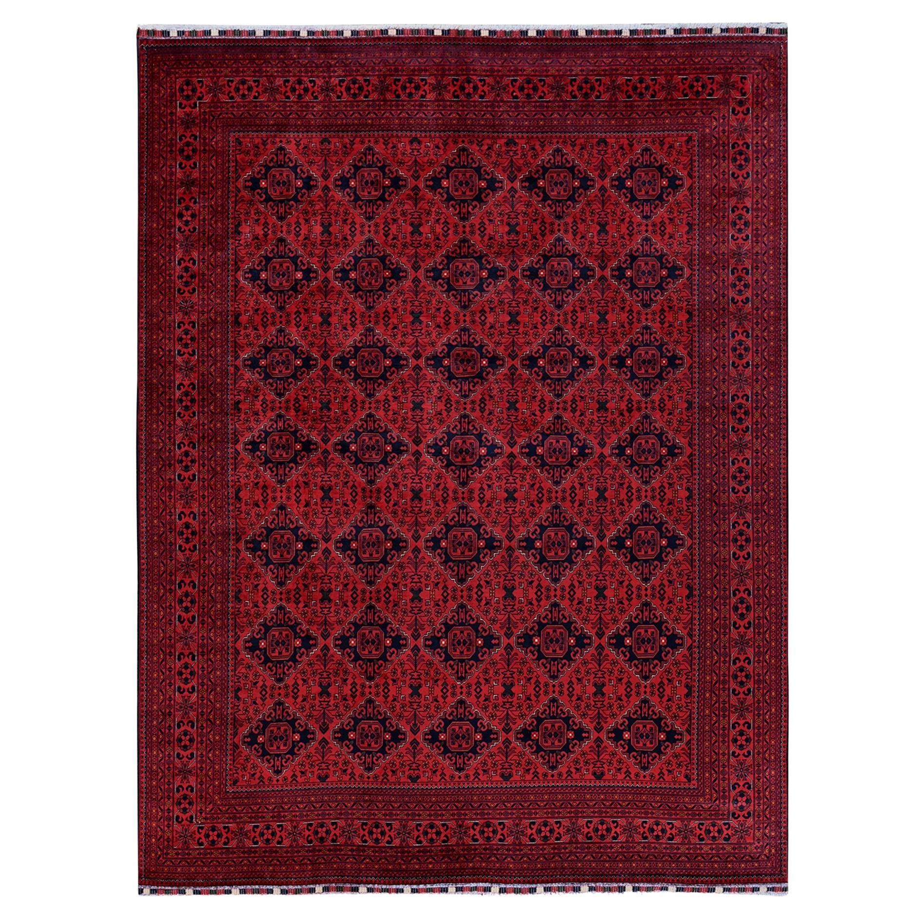 9'9 "x12'8" Khamyab afgano rojo con dibujo geométrico Alfombra de lana suave anudada a mano