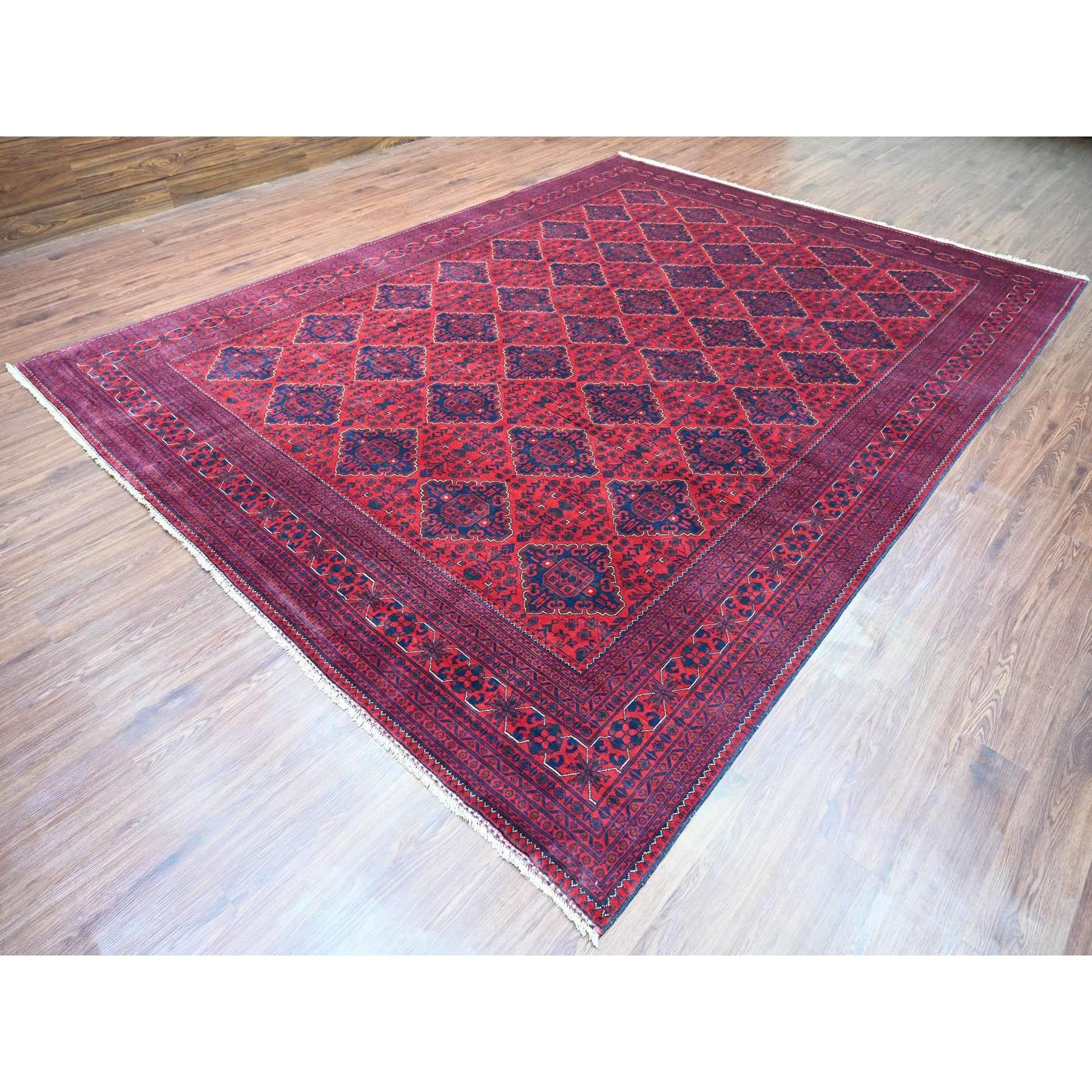 Tribal Tapis oriental rouge afghan Khamyab à motif géométrique noué à la main 9'9