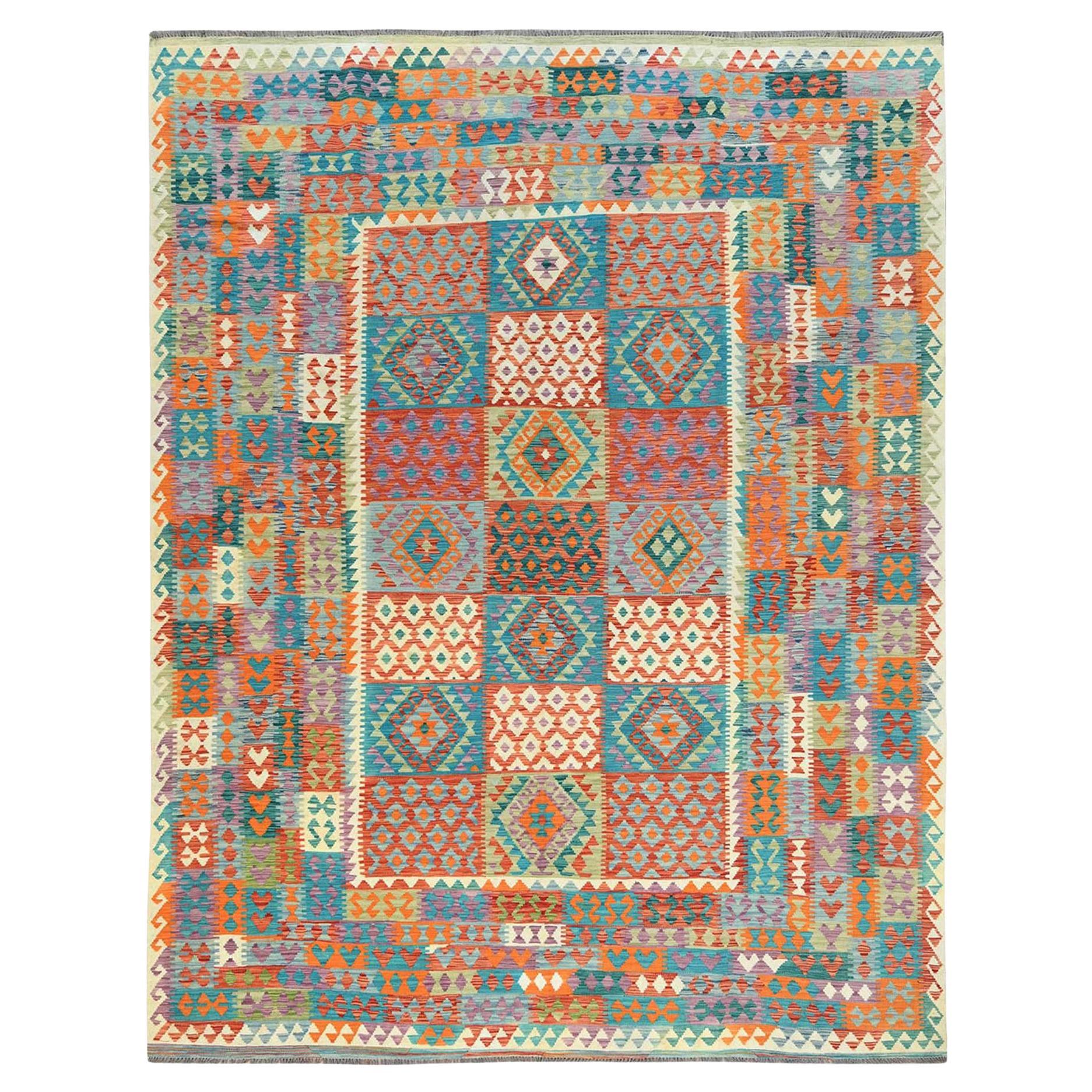 9'9"x13' Colorful Veggie Dyes Organic Wool Hand Woven Afghan Kilim Rug