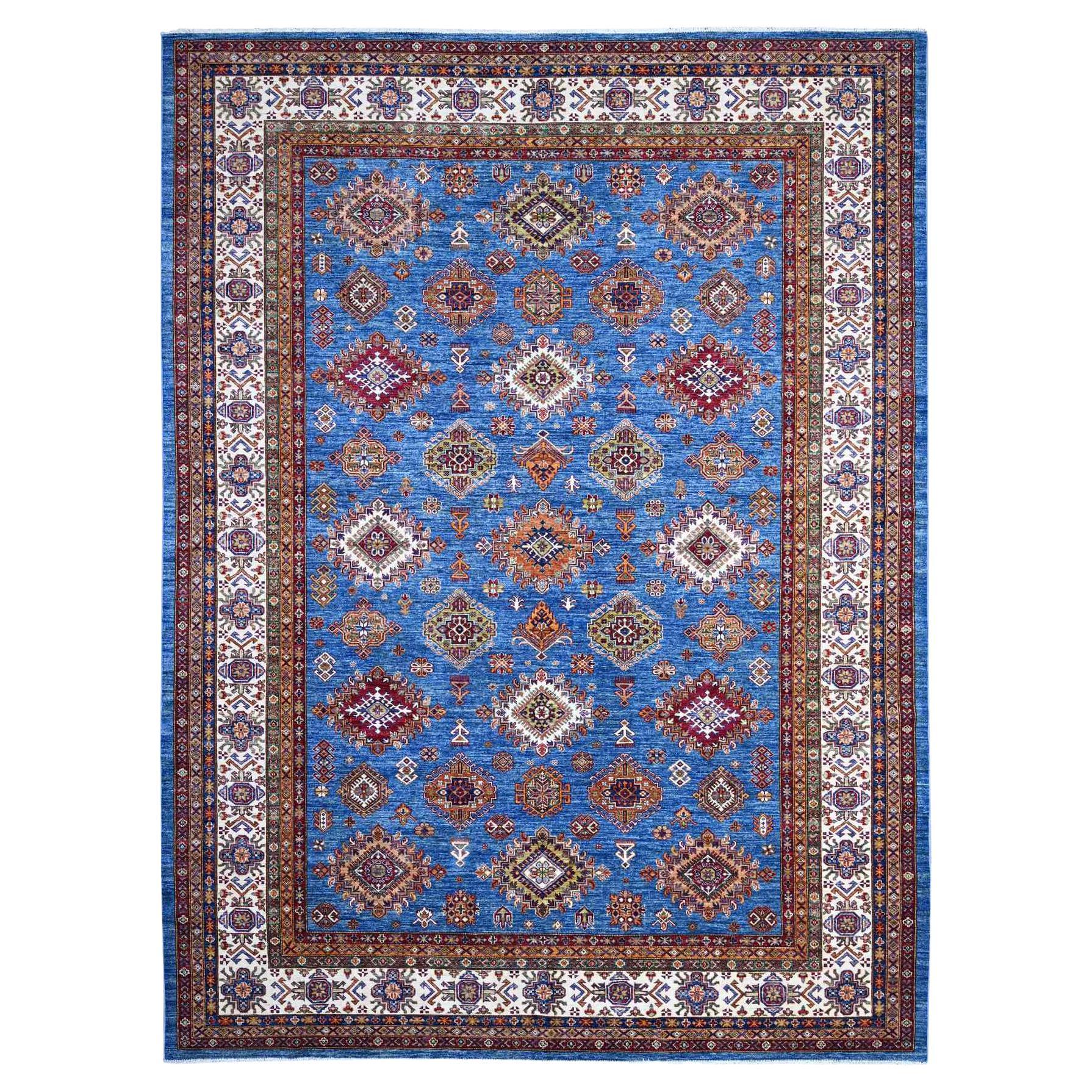 9
9 "x13
 Spektralblauer handgeknüpfter Wollteppich Super Kazak Tribal und Geometrischer Teppich