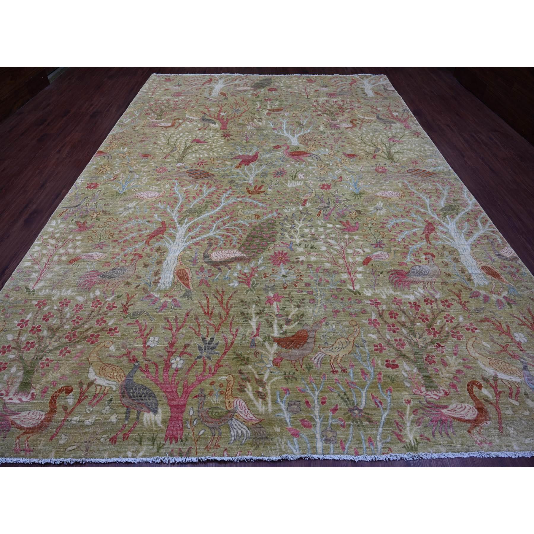 Savannah Green, Afghan Peshawar with Colorful Birds of Paradise Design, Soft Wool, Hand Knotted, Natural Dyes, Oriental Rug
Primary materials: Wool
Latex: No Pile 
height: 0.25 Inches
Style: Transitional
Primary color: Green
Secondary colors: Red,