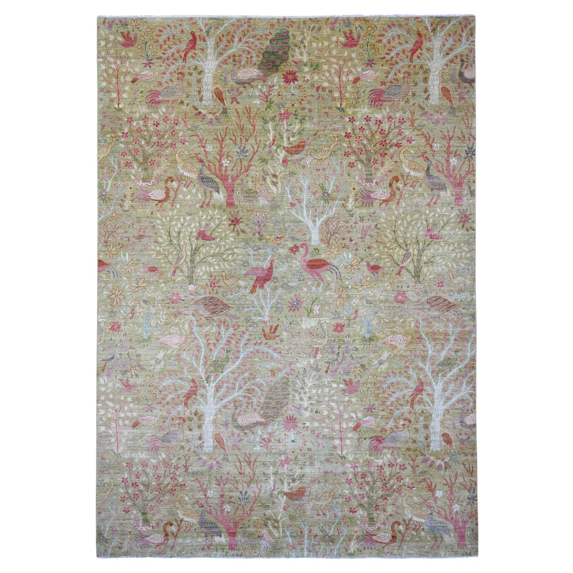 9
9"x13
10" Green Afghan Peshawar Birds of Paradise Design Hand Knotted Wool Rug