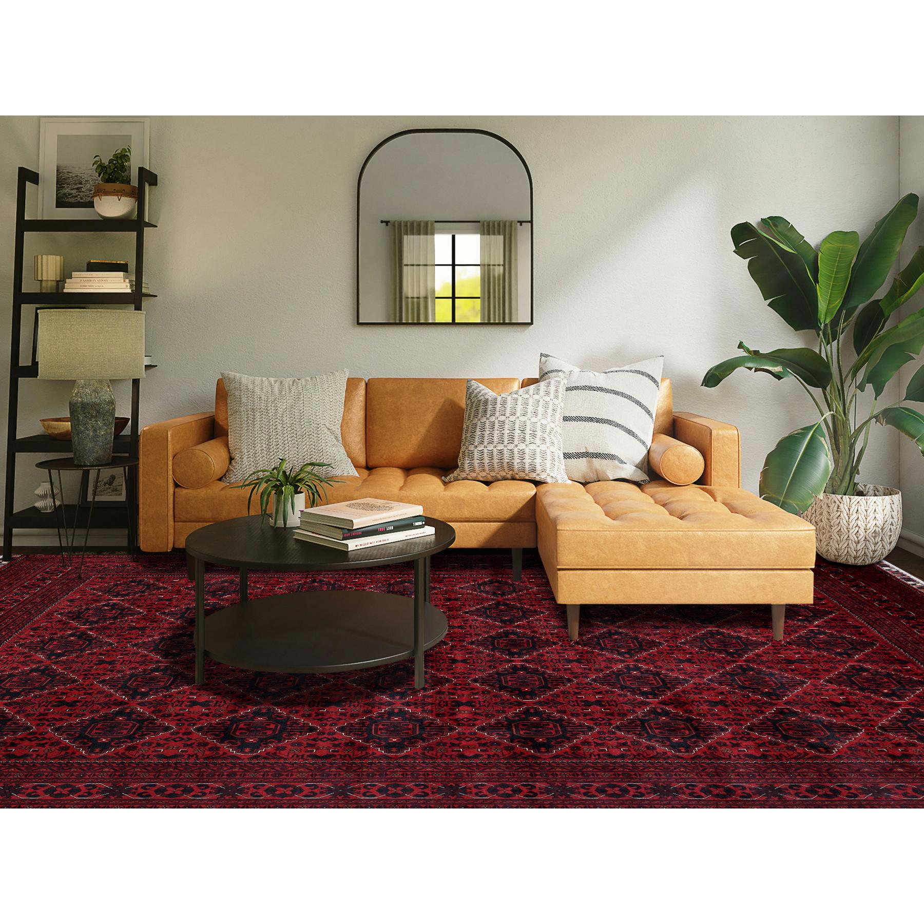 Carmine Red, Afghan Khamyab with Geometric Design, Soft and Velvety Wool, Hand Knotted, Natural Dyes, Oriental Rug
Primary materials: Wool
Latex: No Pile 
height: 0.25 Inches
Style: Traditional
Primary color: Red
Secondary colors: Midnight Blue,