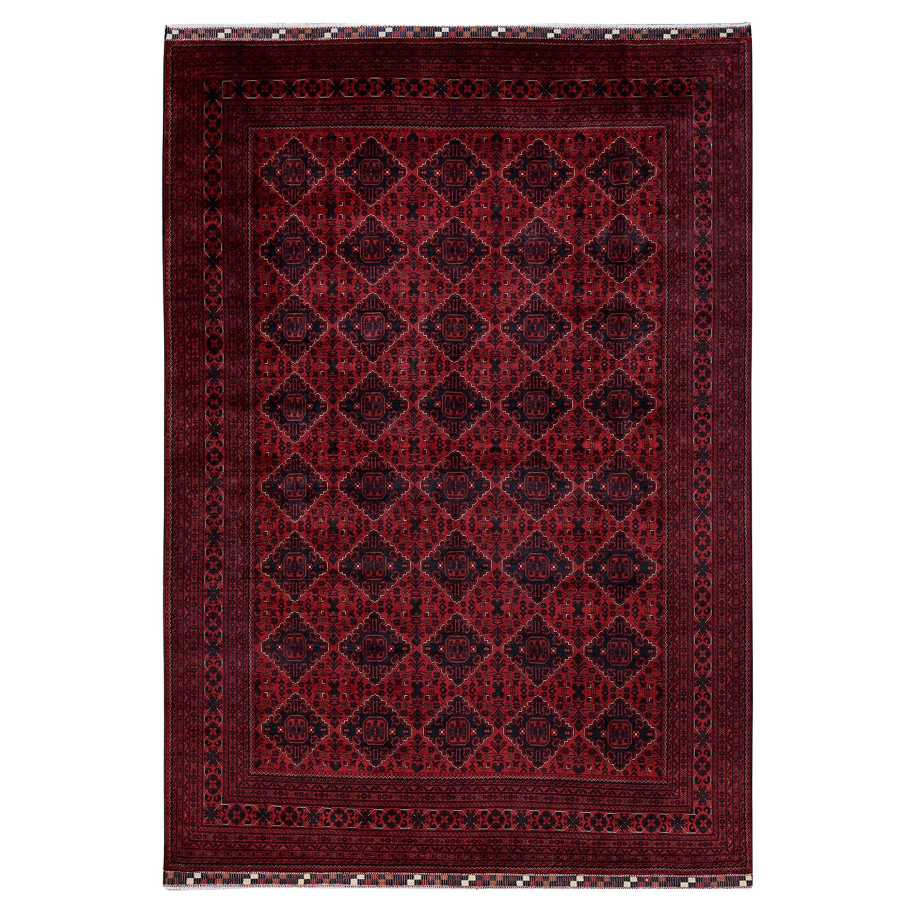 9'9"x13'10" Red Afghan Khamyab Geometric Design All Wool Hand Knotted Oriental R