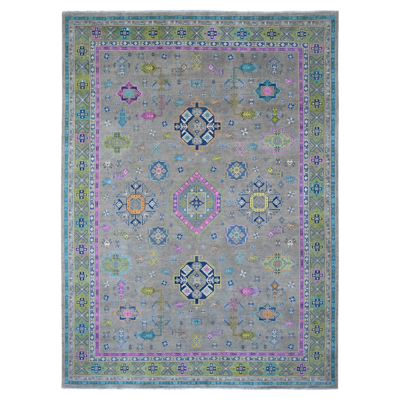 9'9"x13'2" Stone Gray Fusion Kazak Caucasian Medallions Design Hand Knotted Rug For Sale